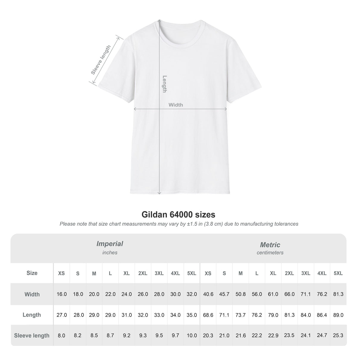 OOO T-Shirt White size guide chart