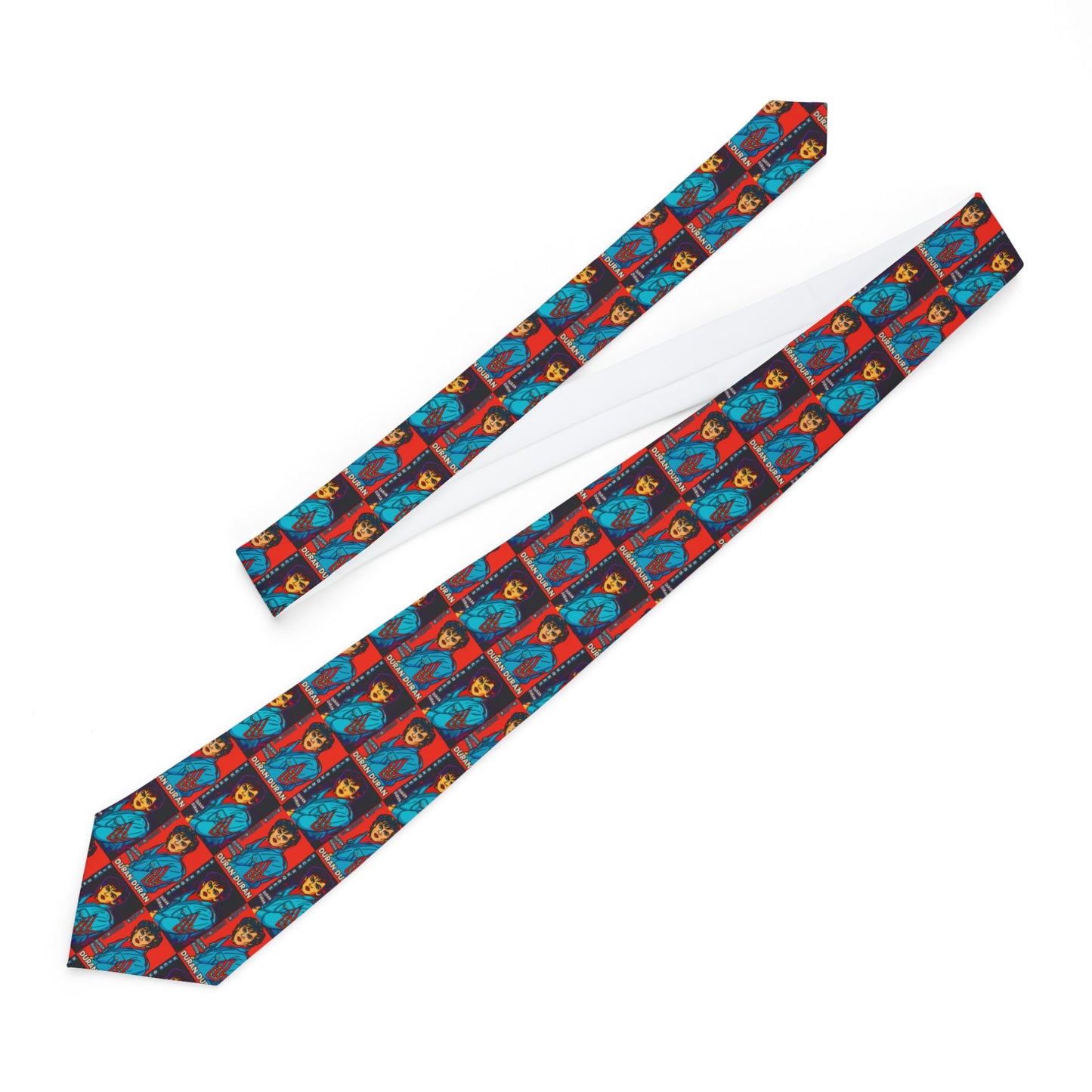 Flat lay of the Nick Rhodes Unisex Necktie showing the full design and back detail with vibrant Duran Duran-inspired artwork.