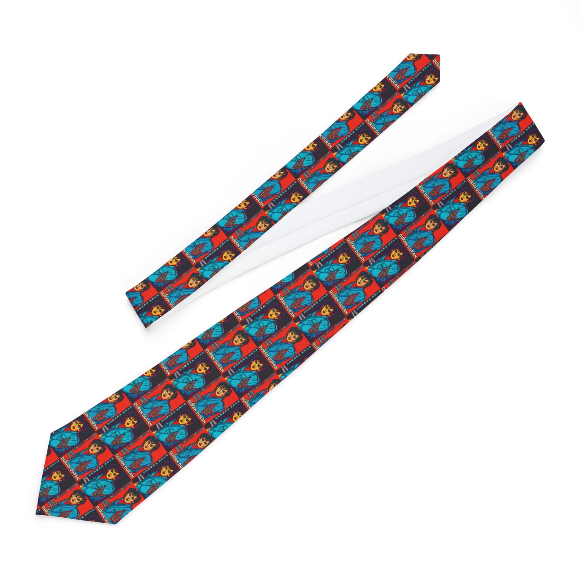 Flat lay of the Nick Rhodes Unisex Necktie showing the full design and back detail with vibrant Duran Duran-inspired artwork.