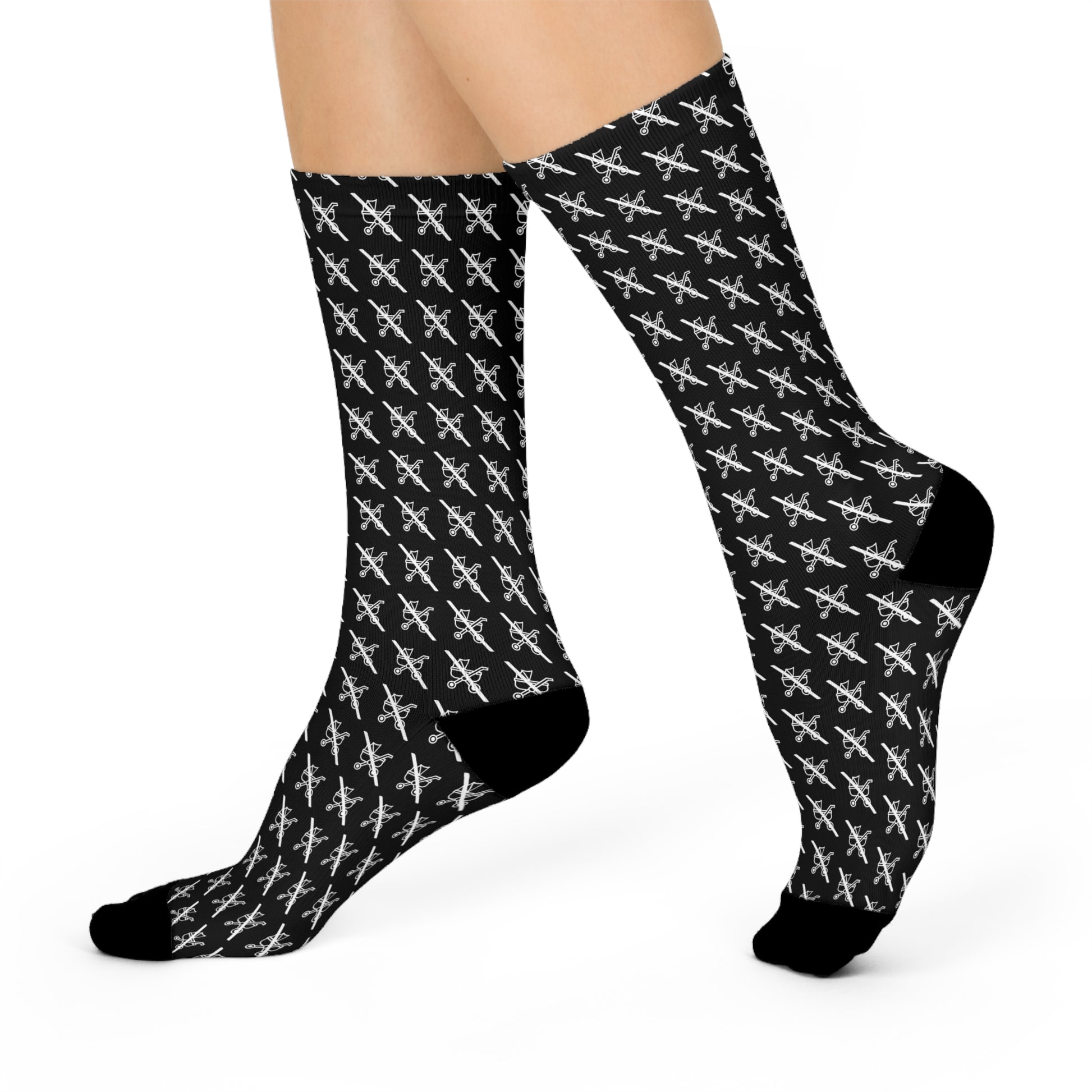 Black Proudly Childless crew socks worn on feet in side profile view