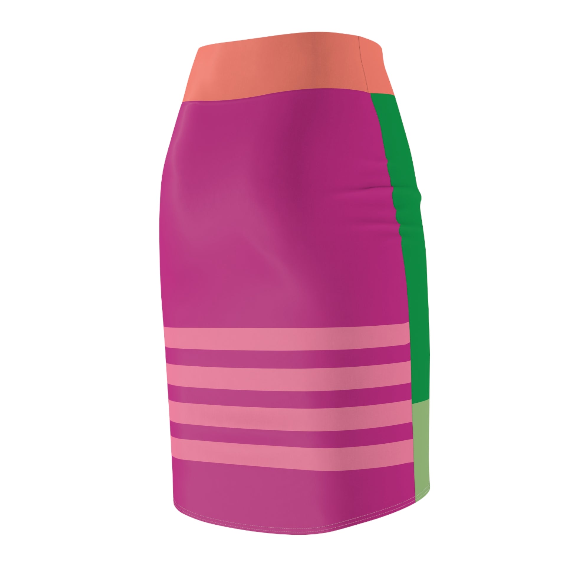 Angled back view showing pink striped magenta side blending into green front panel