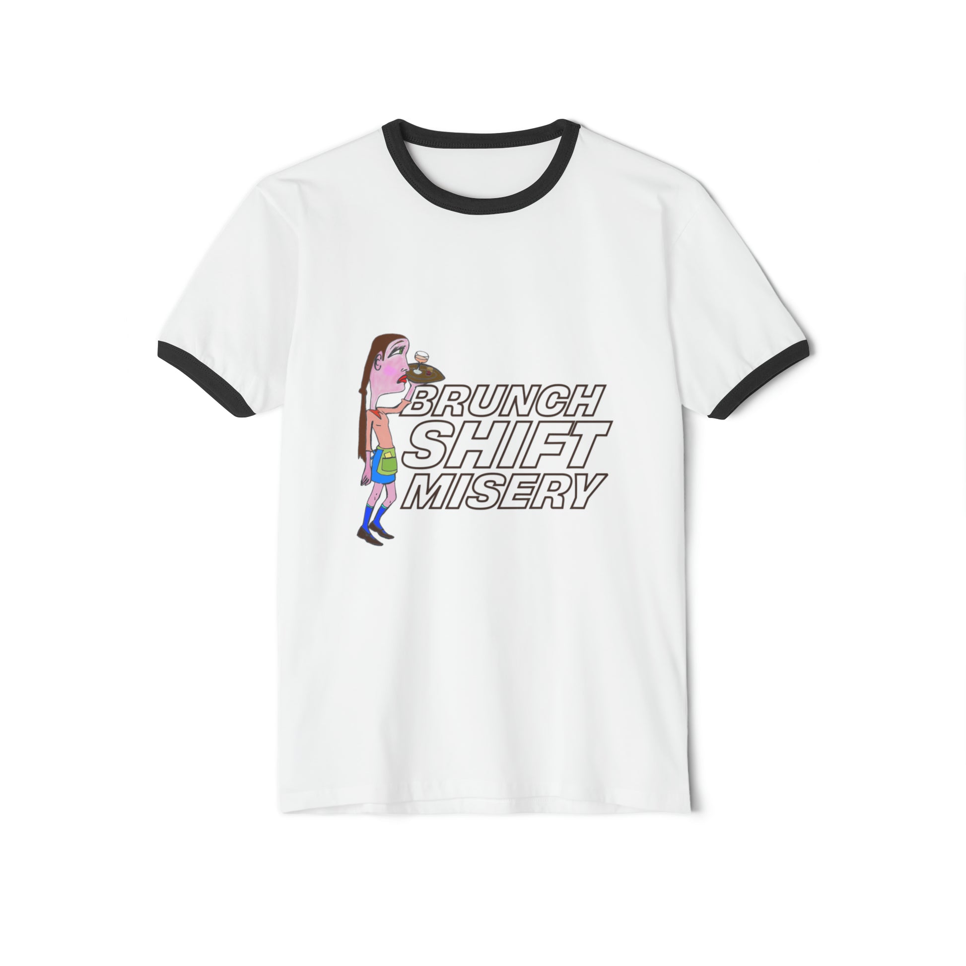 Flat lay of Brunch Shift Misery Ringer T-Shirt showing retro waitress graphic