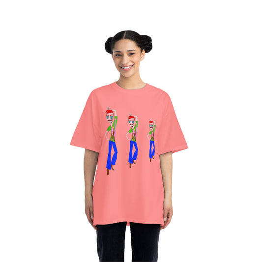 A woman wearing a pink t-shirt with a crew neckline. The t-shirt features a graphic print of three cartoon characters in red and blue attire on the front.