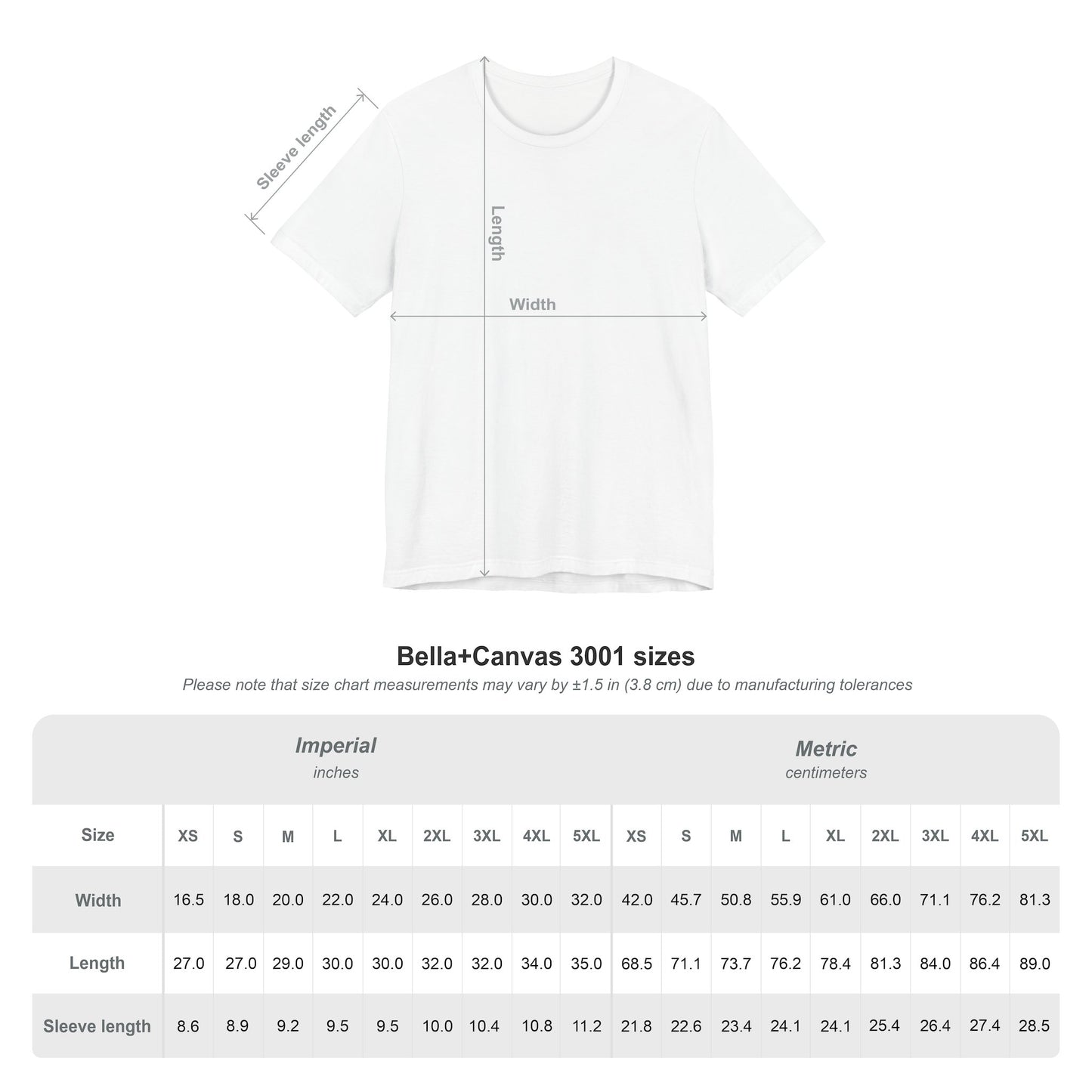 Sizing chart image for Bella+Canvas 3001 unisex T-shirt, showing measurement details.
