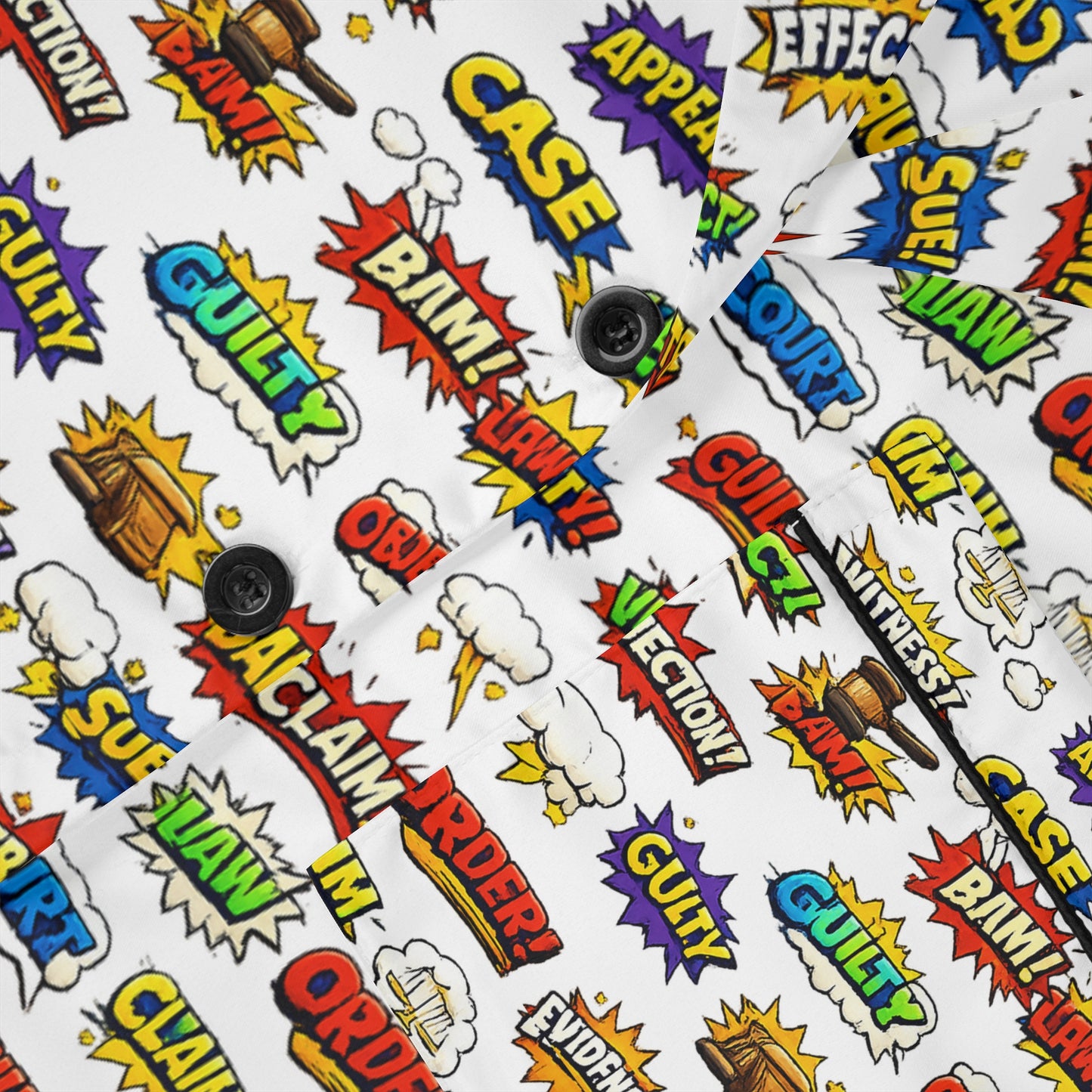 Close up of legal pop art fabric with words verdict objection contract guilty