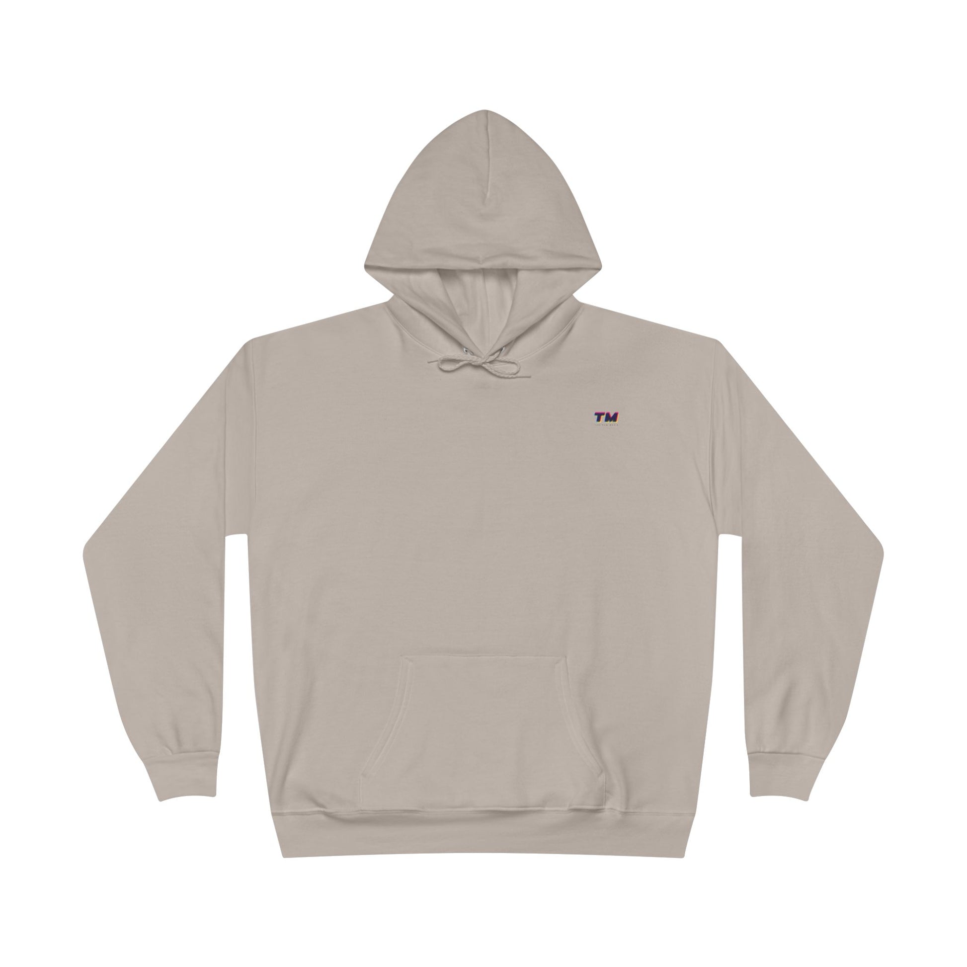 Flat lay of beige EcoSmart hoodie with small embroidered TM logo on chest.