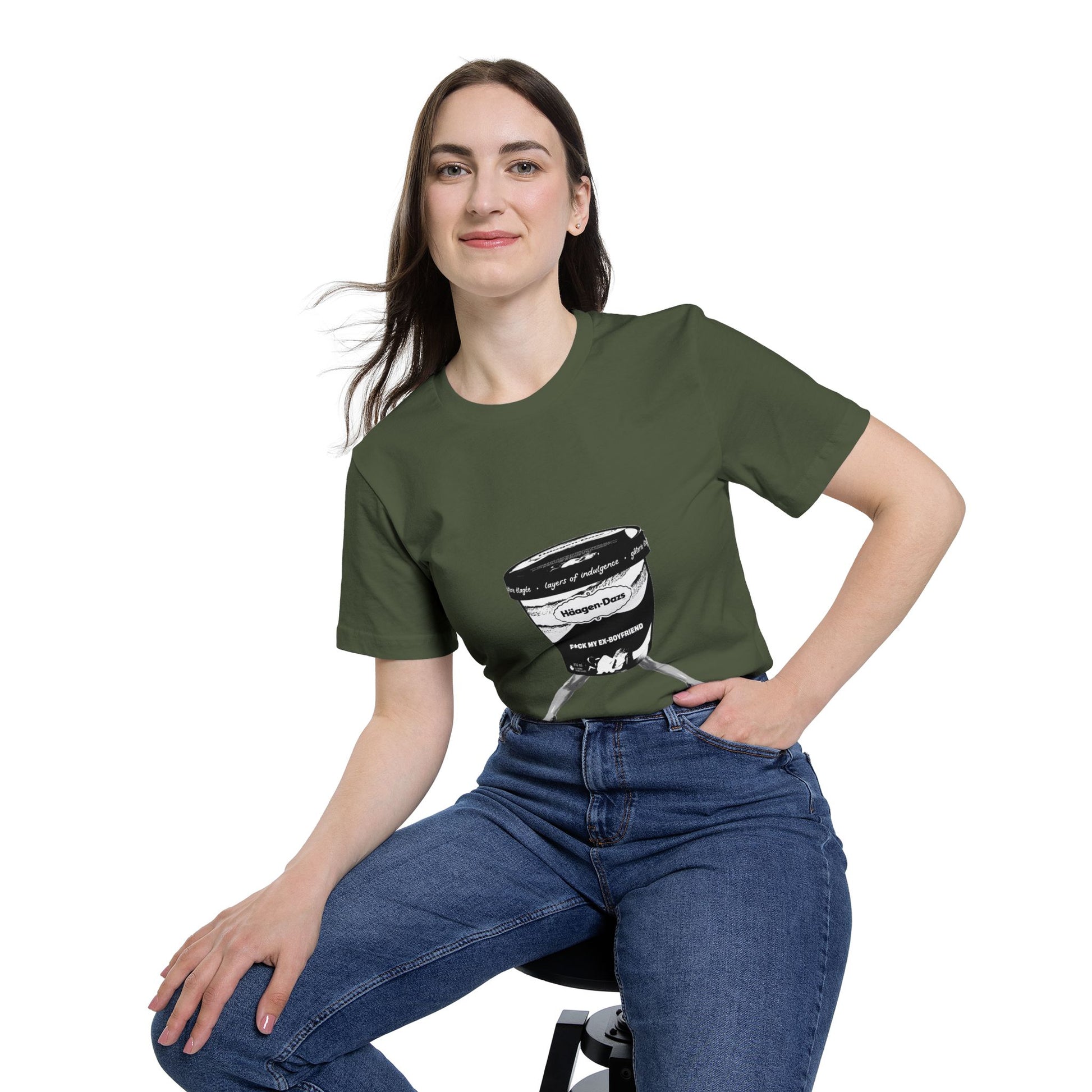 Woman sitting in olive green t-shirt with sarcastic ice cream bucket design