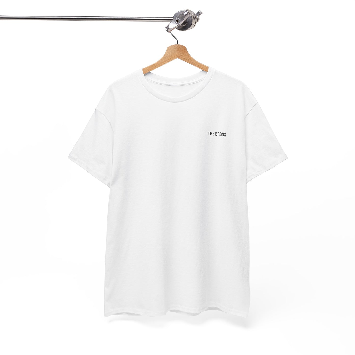 The Bronx T-Shirt in white displayed on wooden hanger