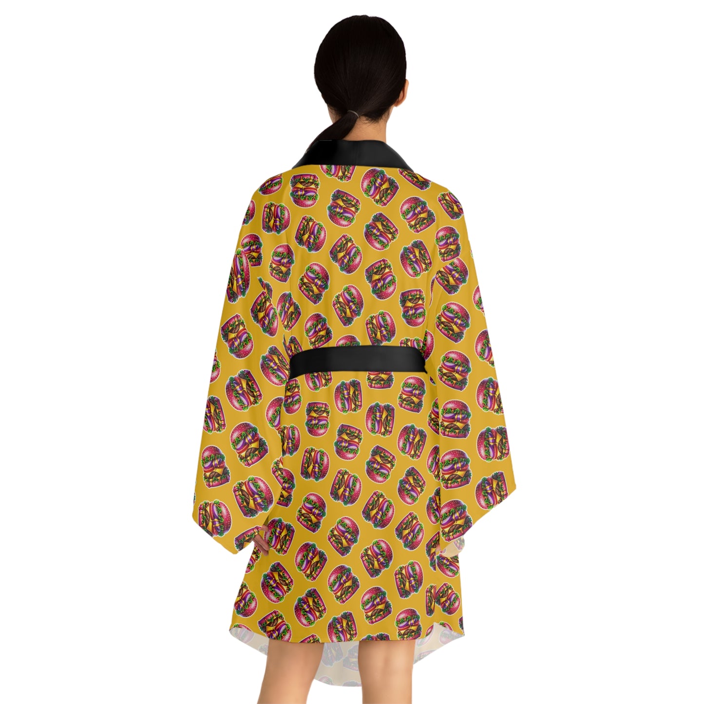 woman wearing burger print kimono robe front view casual home outfit