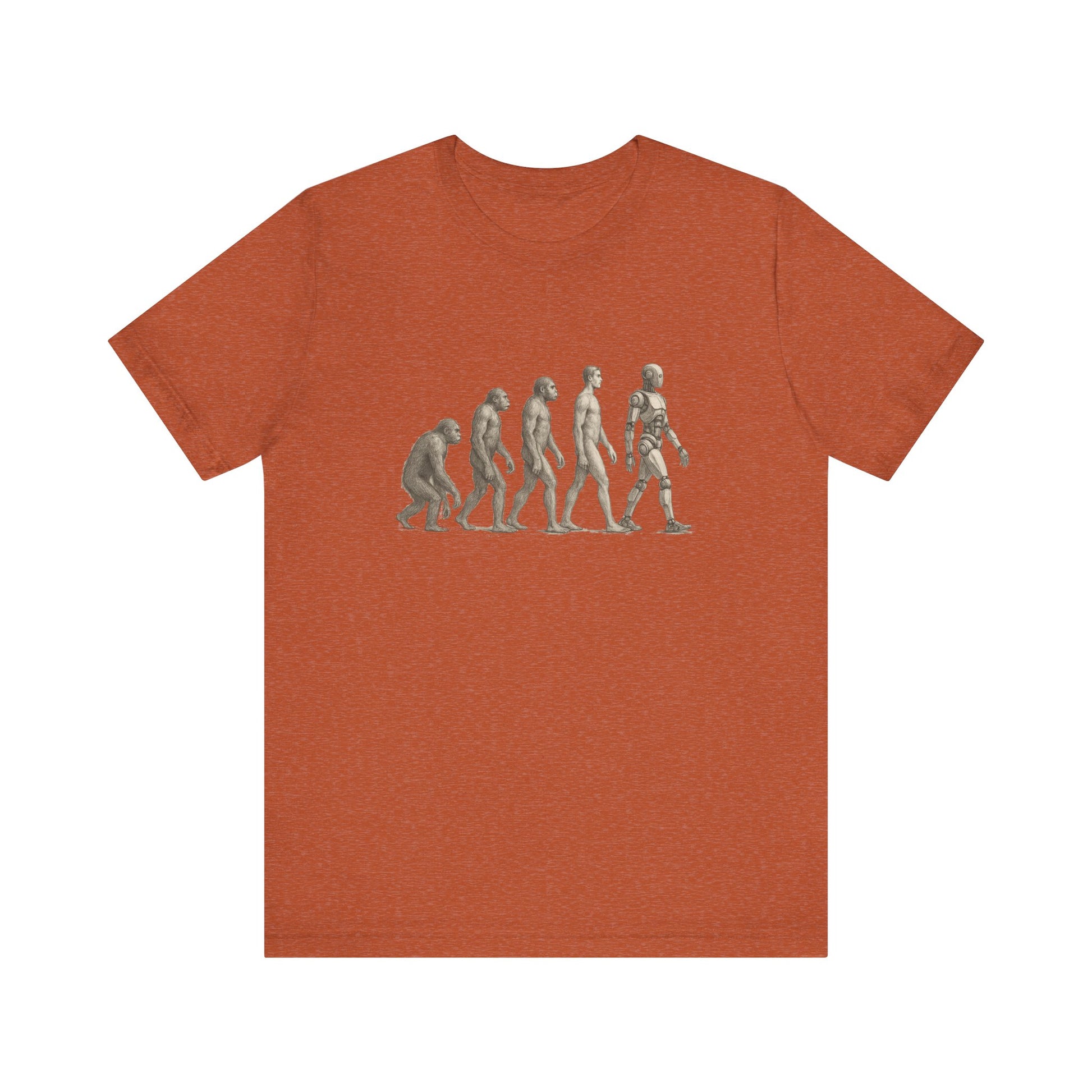 Dark brown t-shirt with human evolution graphic showing ape to robot transition