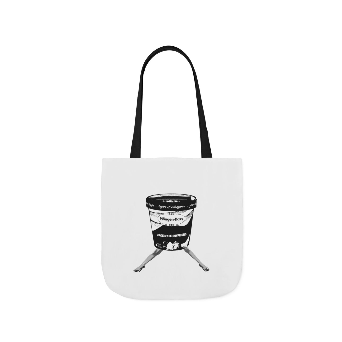 White tote bag with a black and white design of a coffee cup on a white background