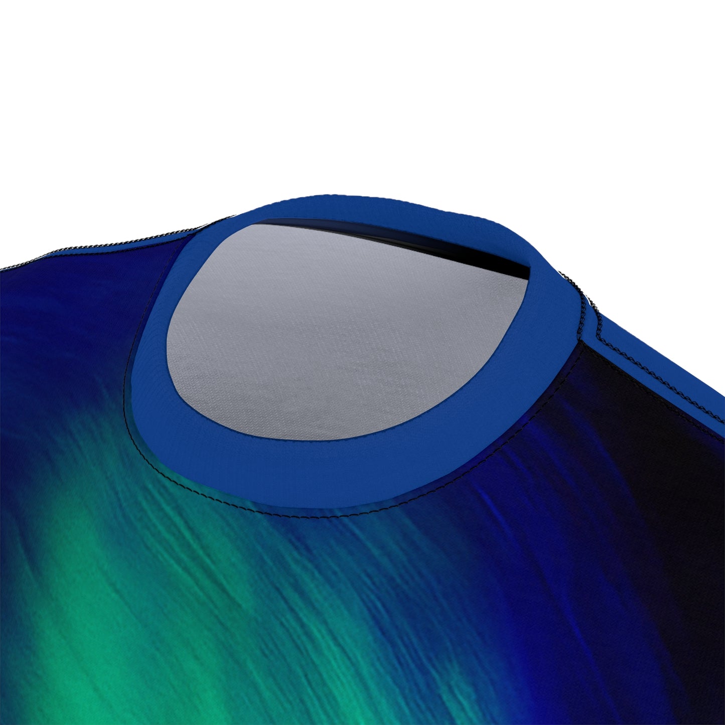 Close-up of Acid Dream Unisex T-shirt crew neckline in blue with smooth polyester fabric