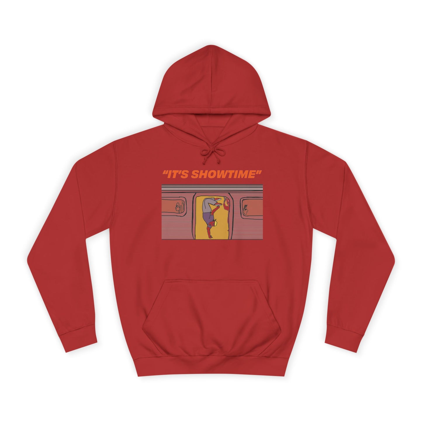 Red It’s Showtime Hoodie with subway performer artwork on front.