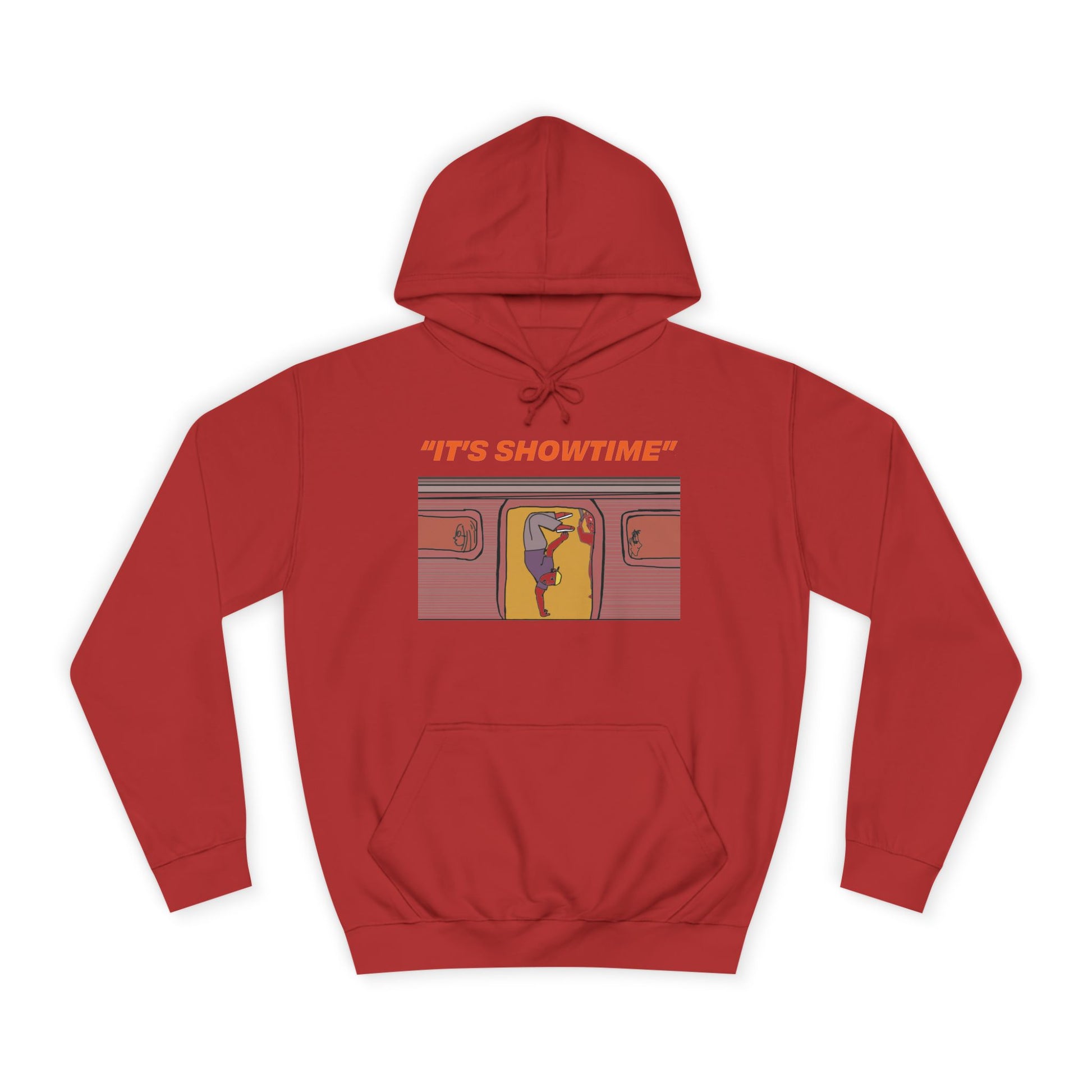 Red It’s Showtime Hoodie with subway performer artwork on front.
