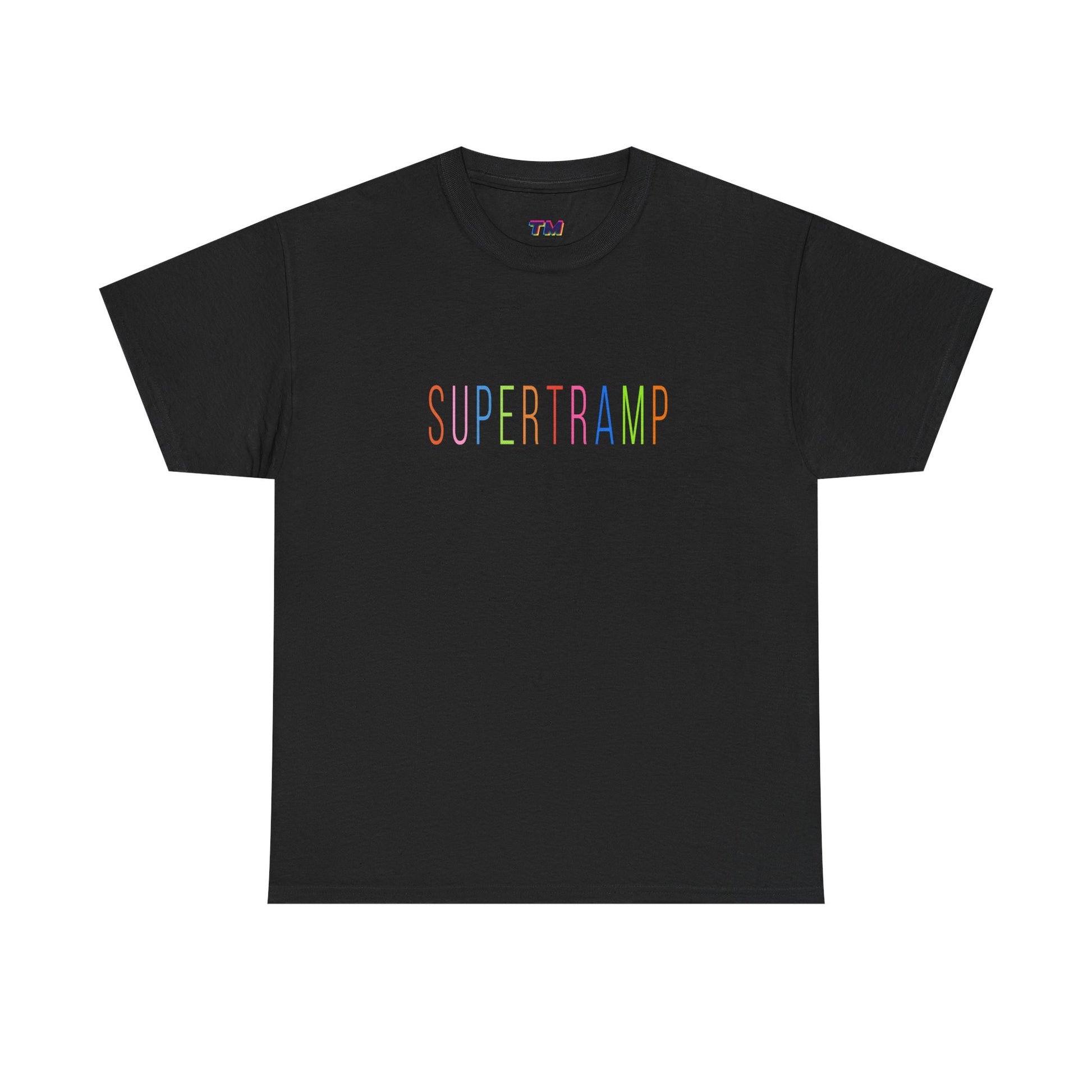 Black Supertramp t-shirt laid flat with rainbow logo.