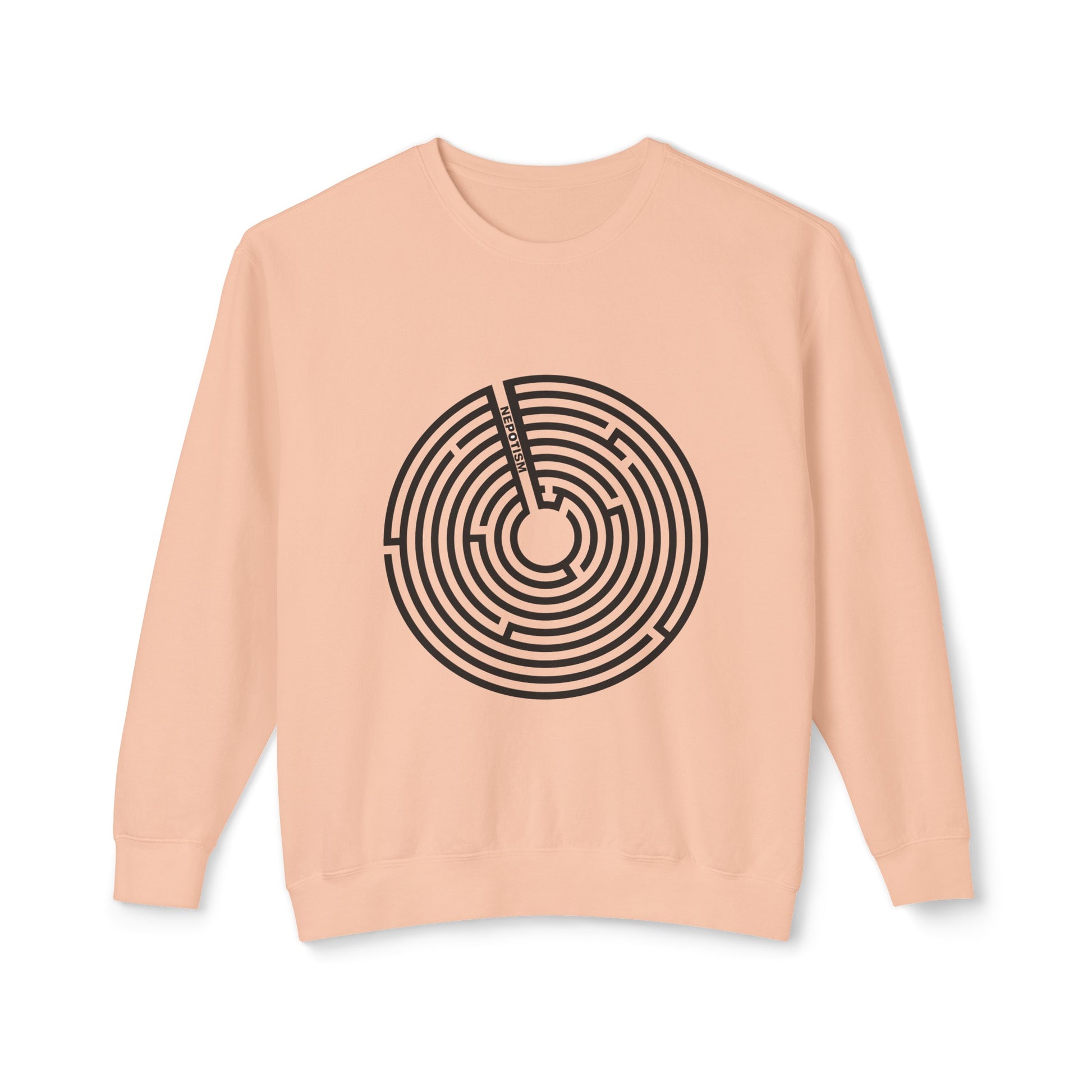 Peach Nepo Sweatshirt with black spiral design laid flat