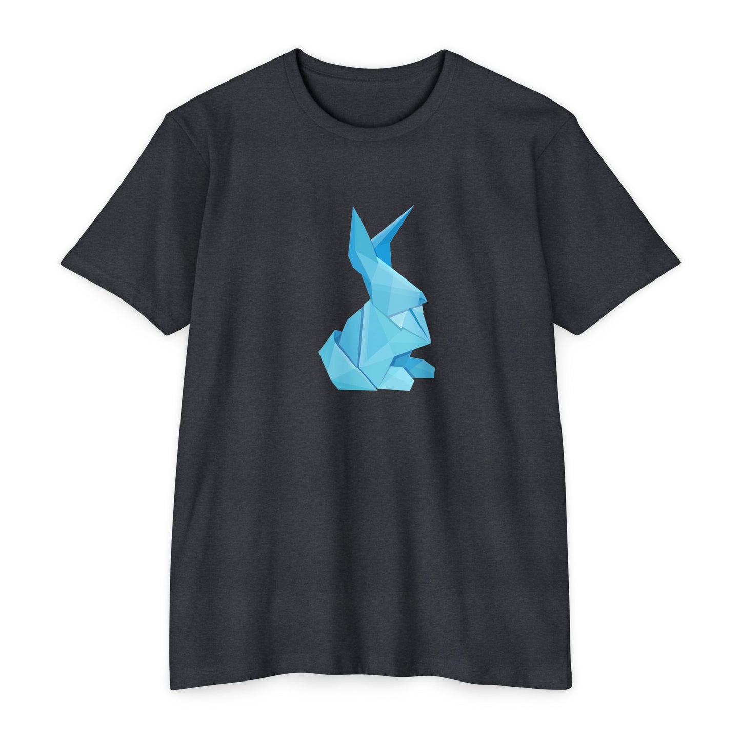 Black Origami Bunny T-Shirt with blue origami bunny print on front.