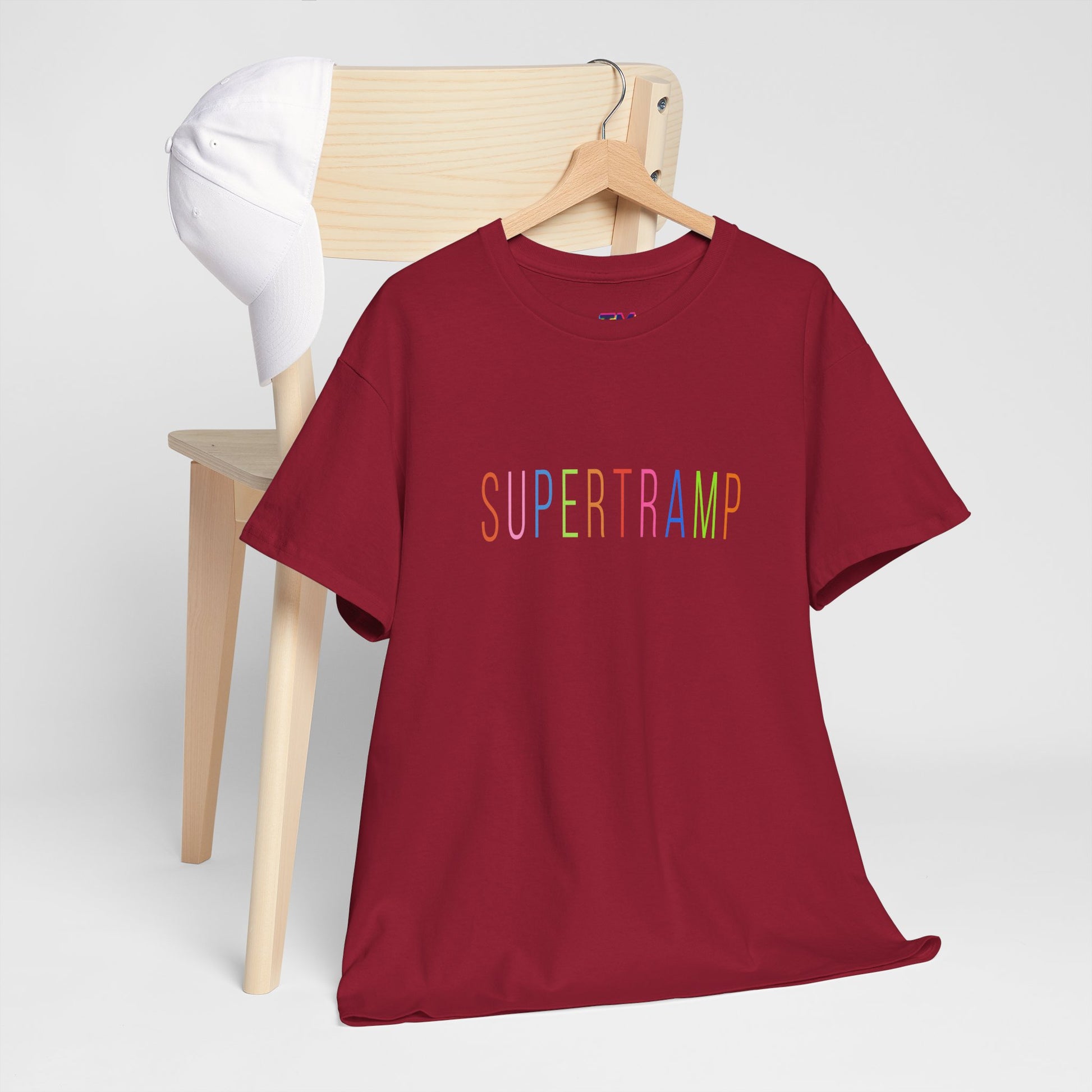 Burgundy Supertramp t-shirt laid flat with vibrant multicolor logo.