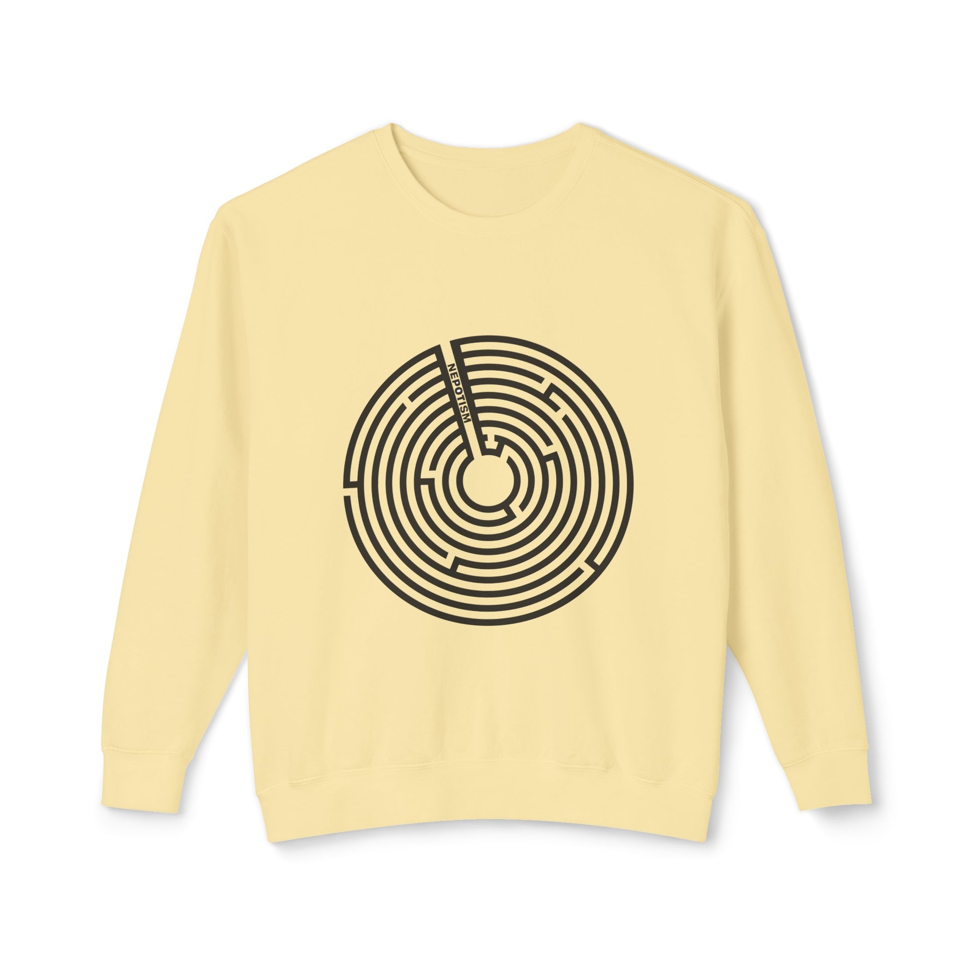 Yellow Nepo Sweatshirt with black spiral design laid flat