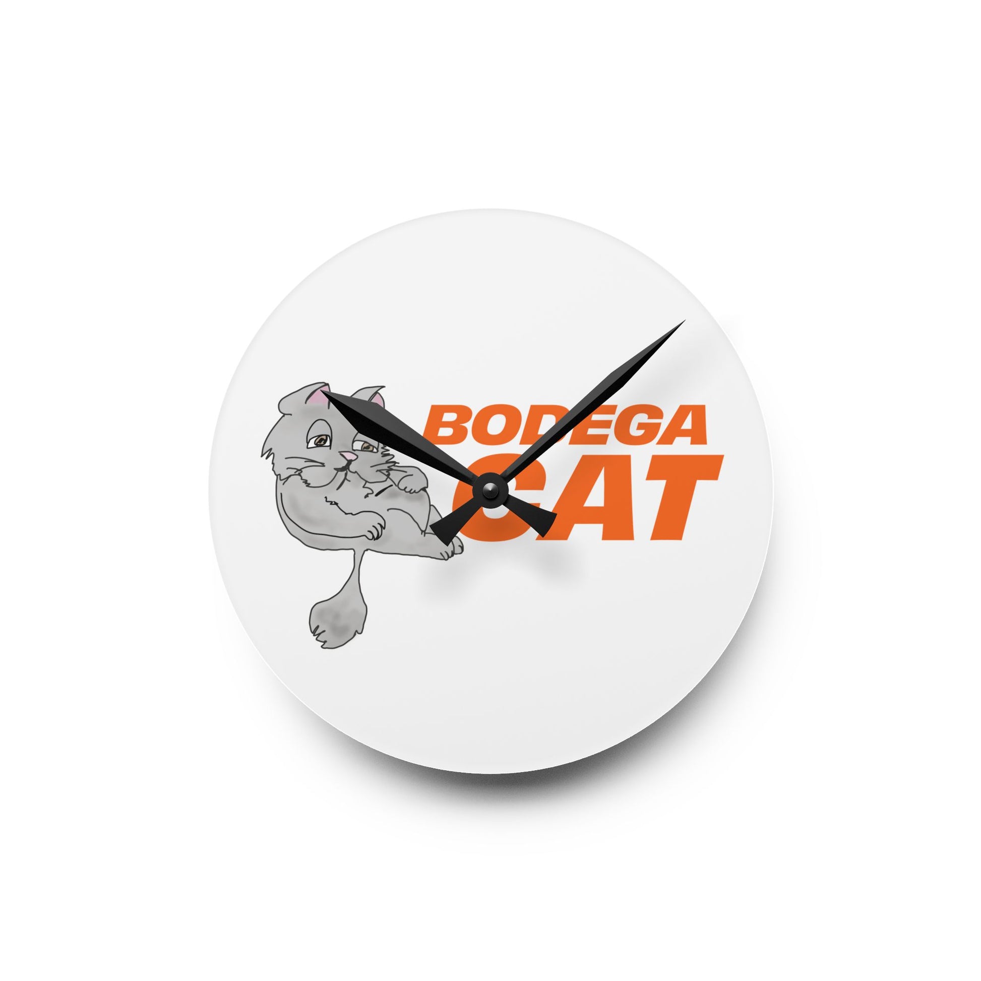 Wall clock with a graphic of a cat and 'Bodega Cat' text on a white background