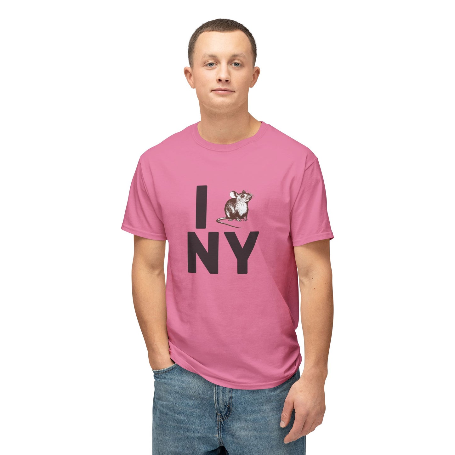 Male model wearing hot pink NY RAT T-Shirt with parody "I ♥ NY" rat graphic.