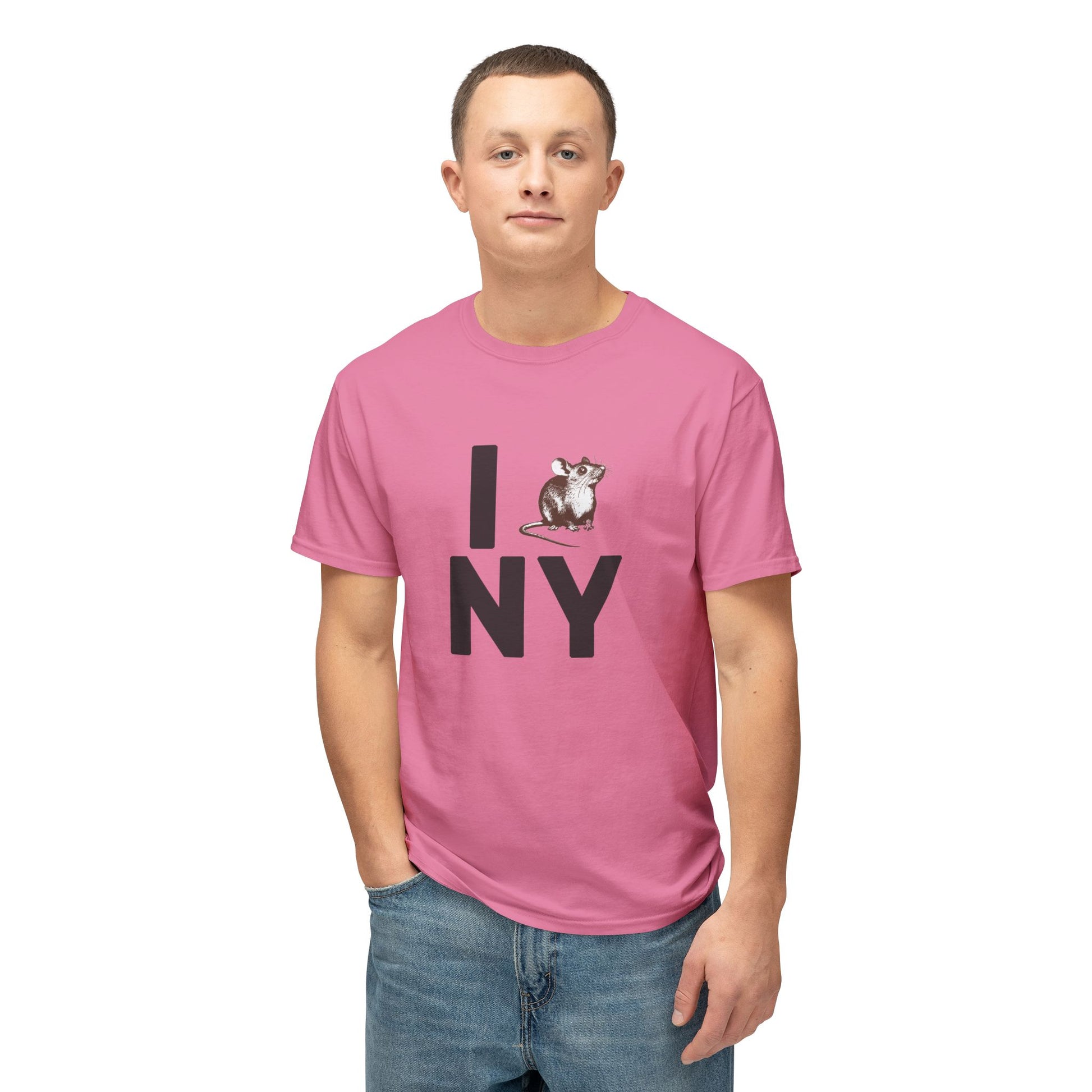 Male model wearing hot pink NY RAT T-Shirt with parody "I ♥ NY" rat graphic.