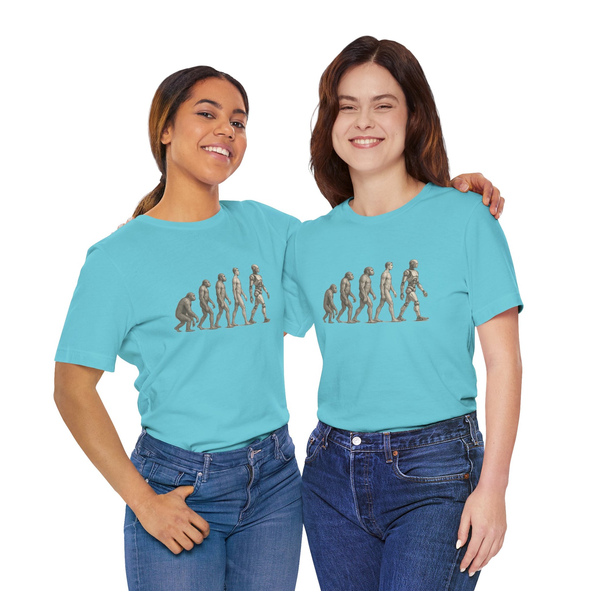 Two people wearing matching blue t-shirts with a graphic design on a white background