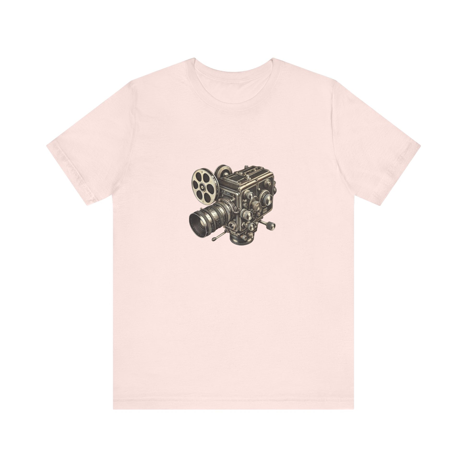 Light pink t-shirt with vintage 16mm camera design laid flat