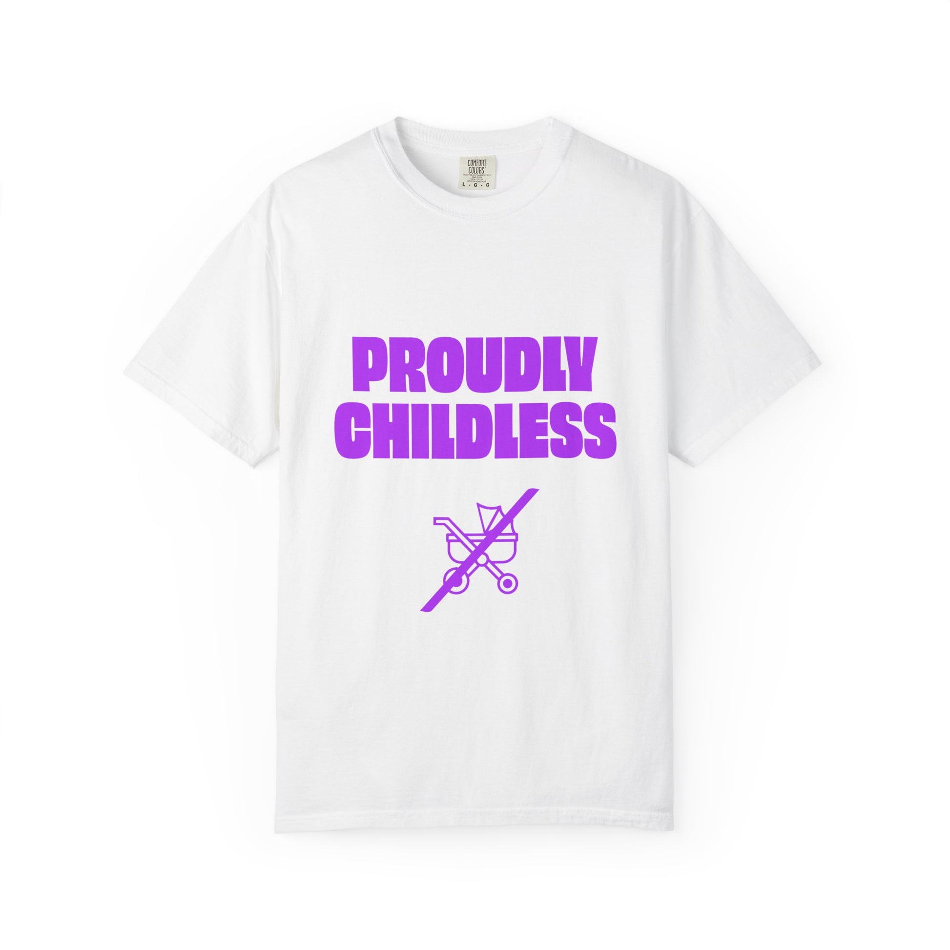 Flat lay of white Proudly Childless T-Shirt with purple text