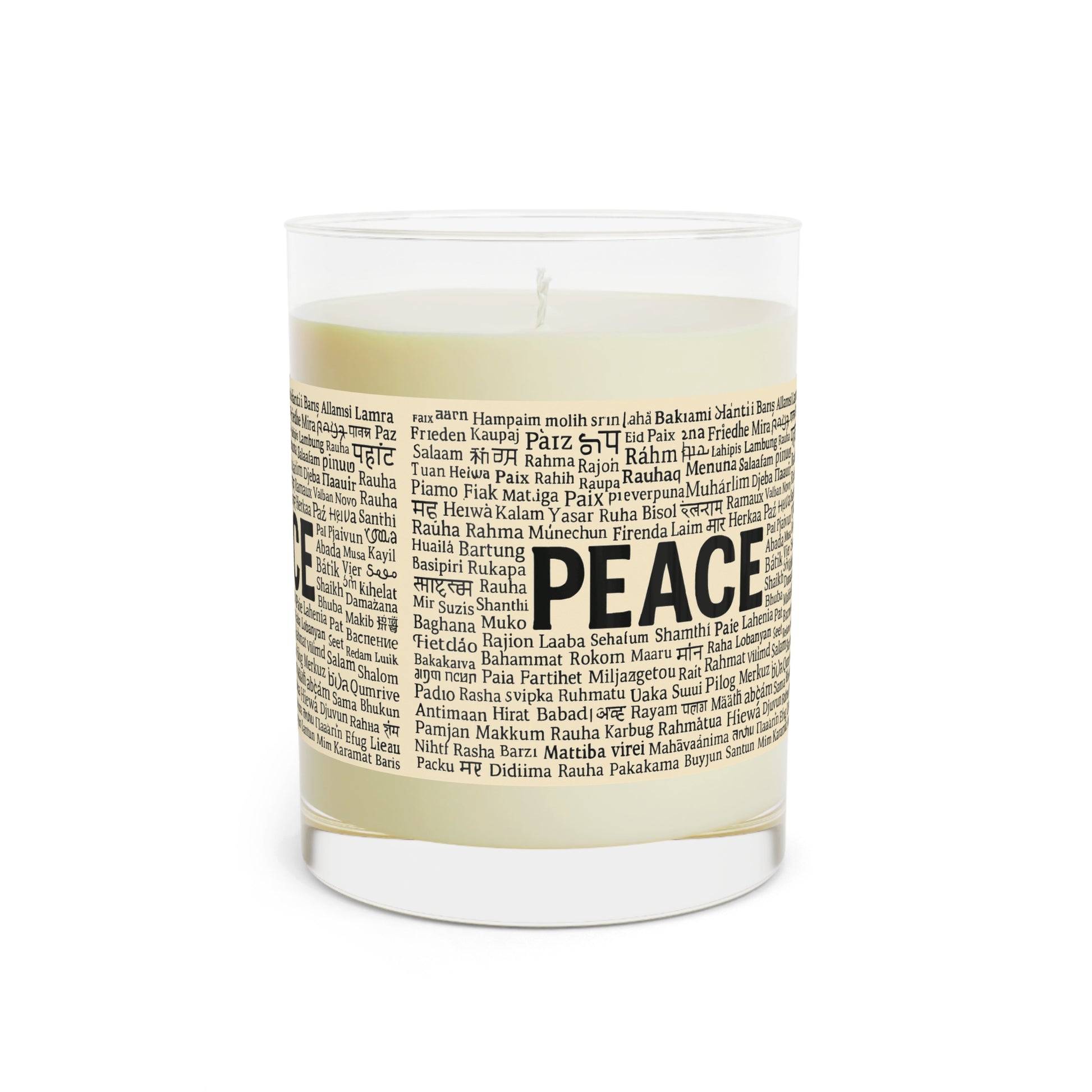 Candle with 'PEACE' text on a white background