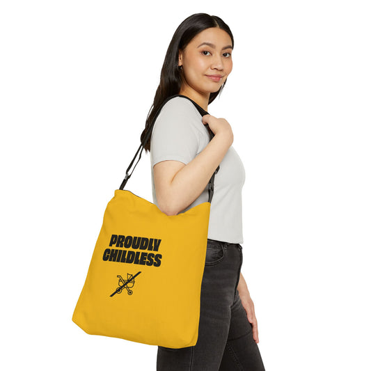 Woman wearing Proudly Childless Adjustable Tote Bag in yellow with bold text and adjustable straps