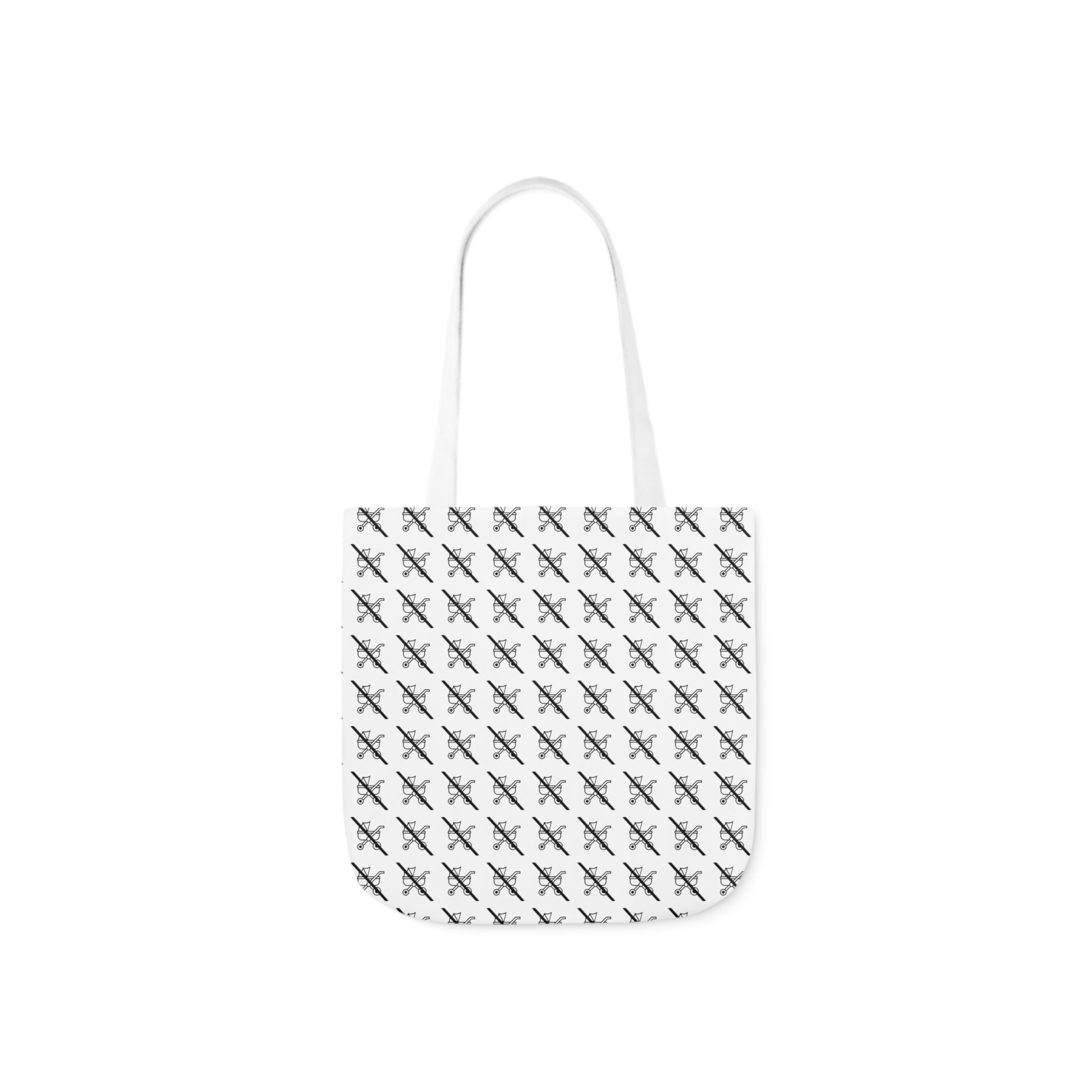 tote bag featuring a playful "proudly childless" scratched stroller pattern