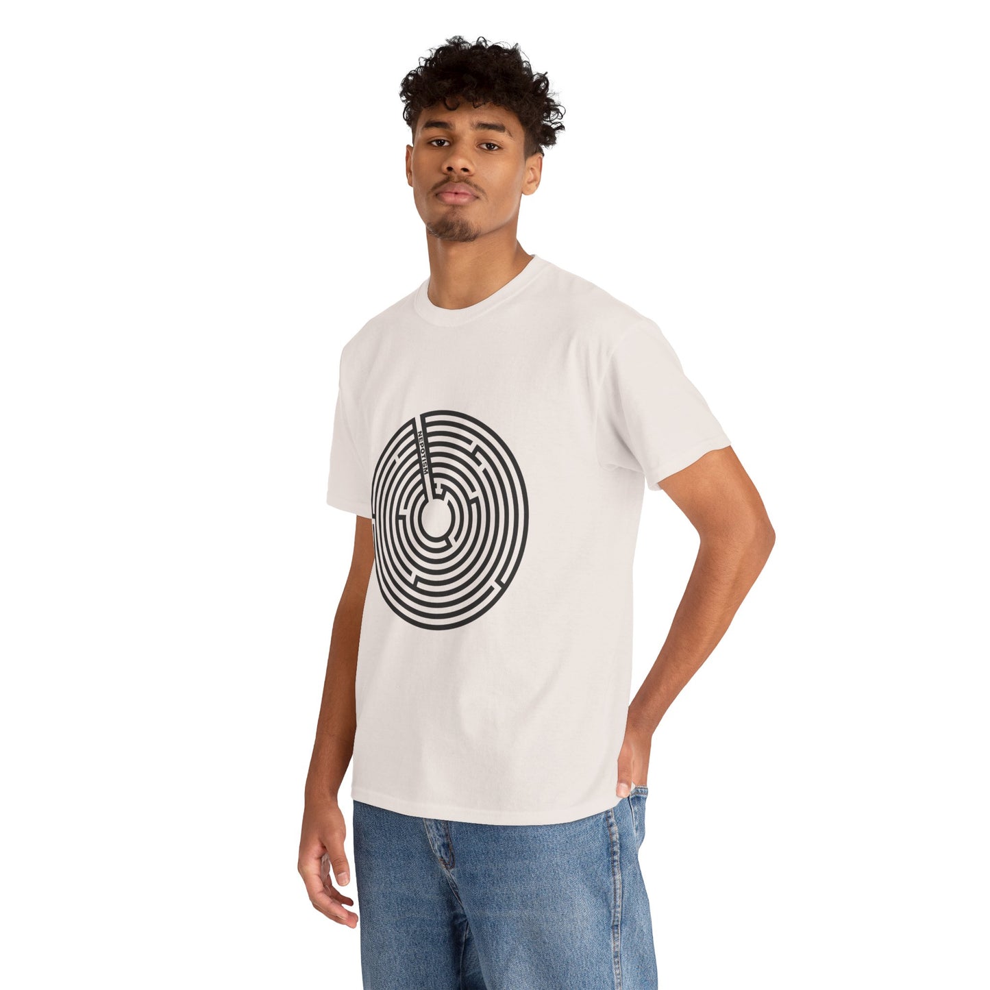 Male model wearing white Nepo T-Shirt with black maze design