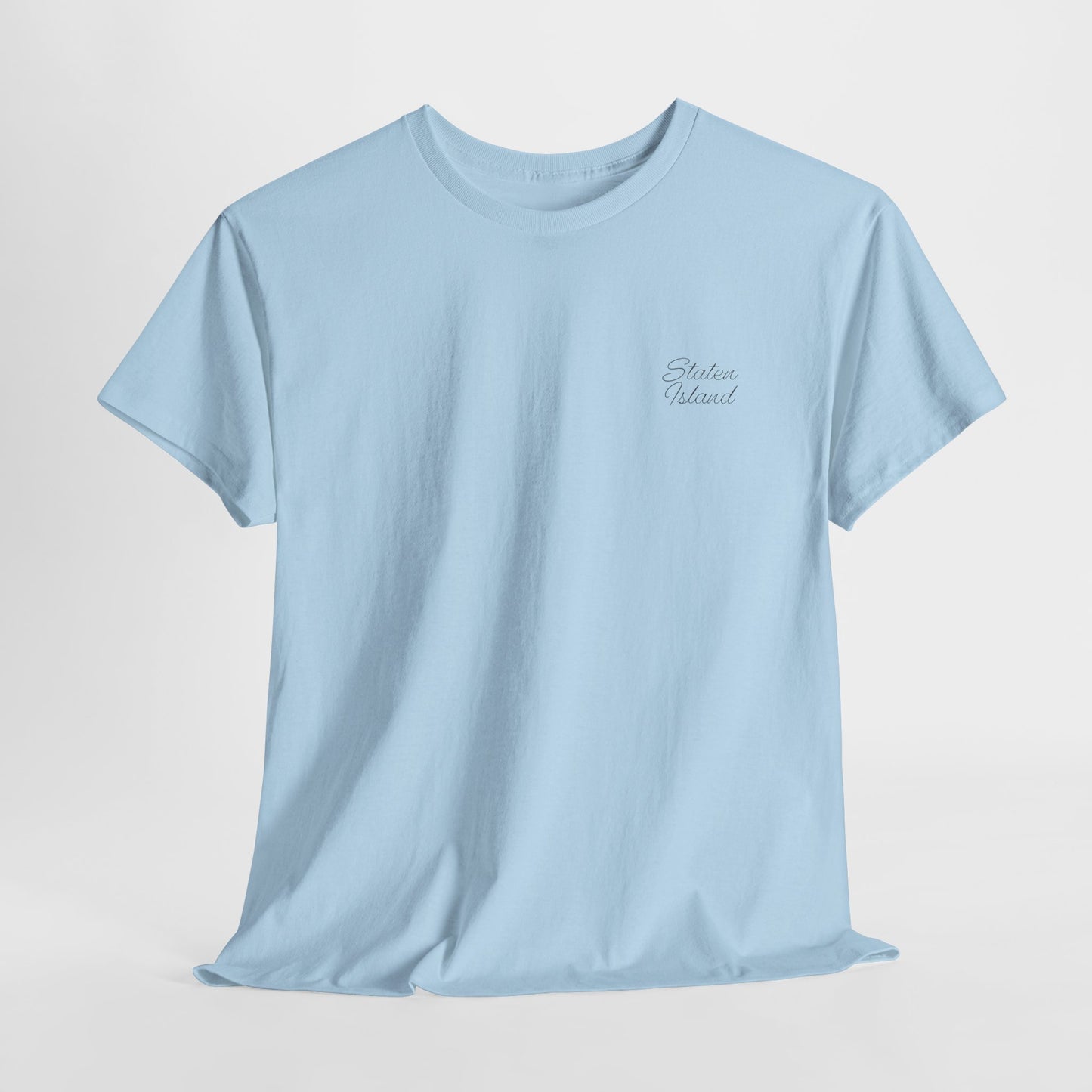Light blue Staten Island T-Shirt flat lay front view.