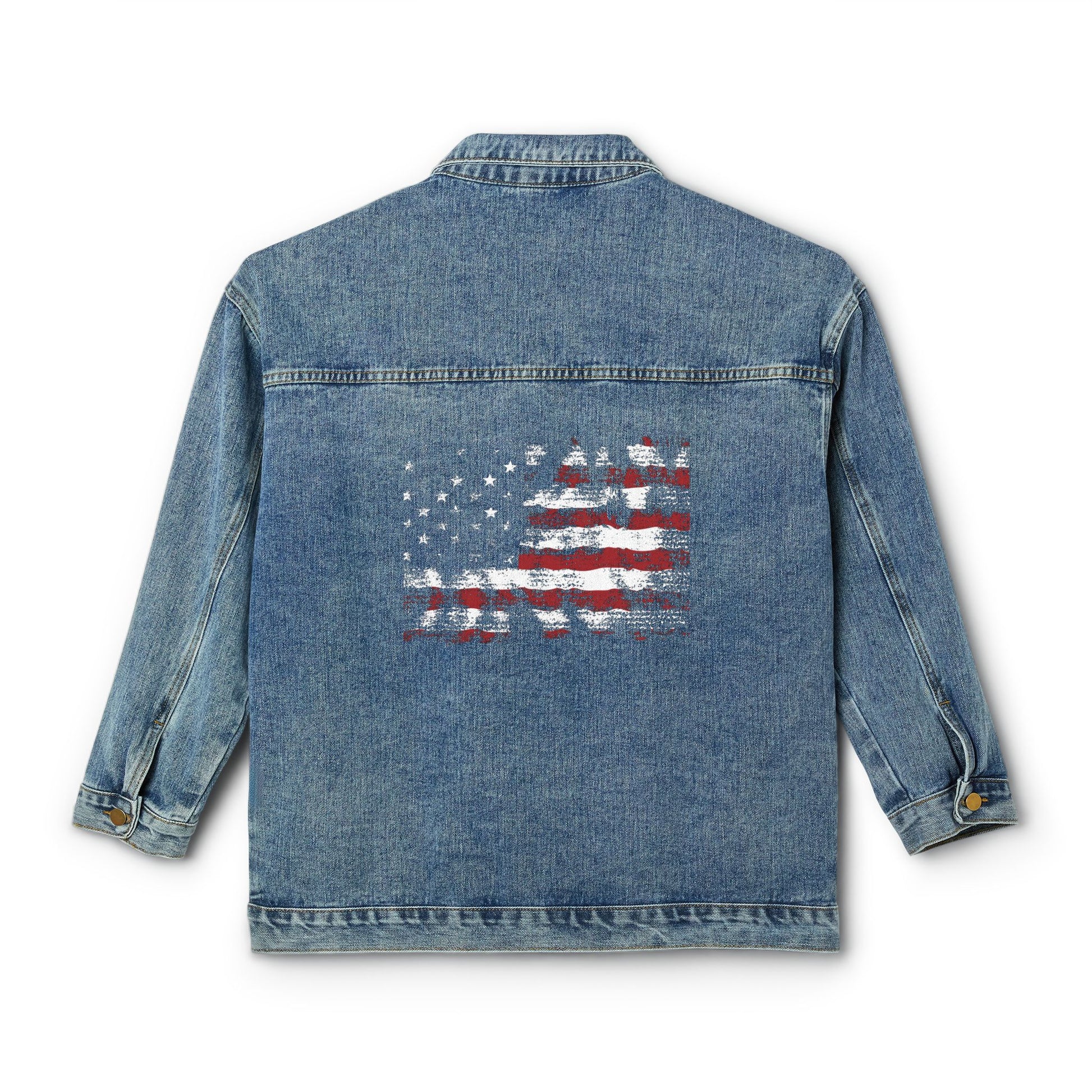 Flat lay back view of Americana Women’s Denim Jacket with distressed American flag patch