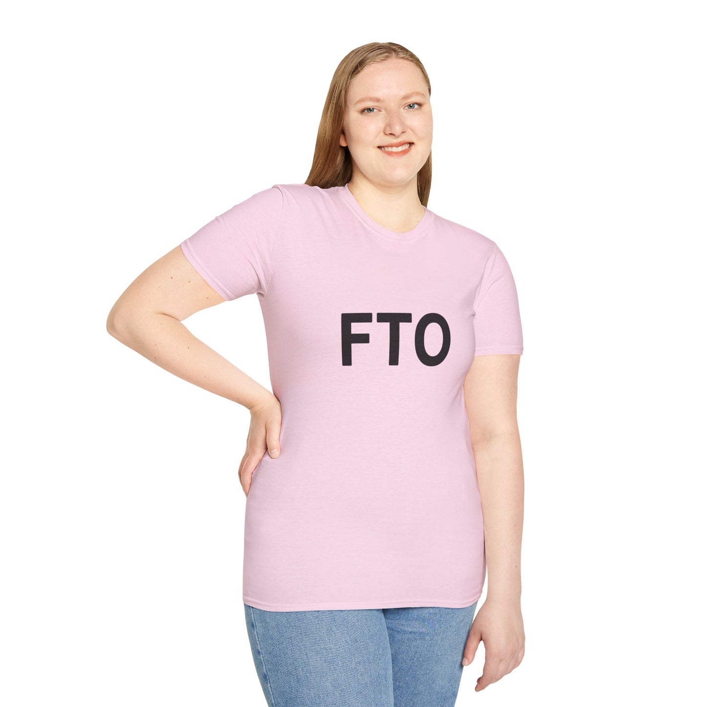 Person wearing a pink t-shirt with 'FTO' text on a white background