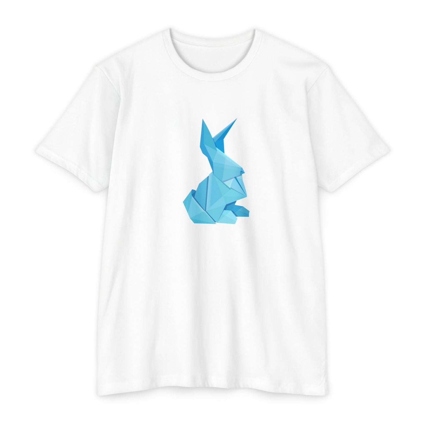 White Origami Bunny T-Shirt with blue origami bunny graphic displayed flat.