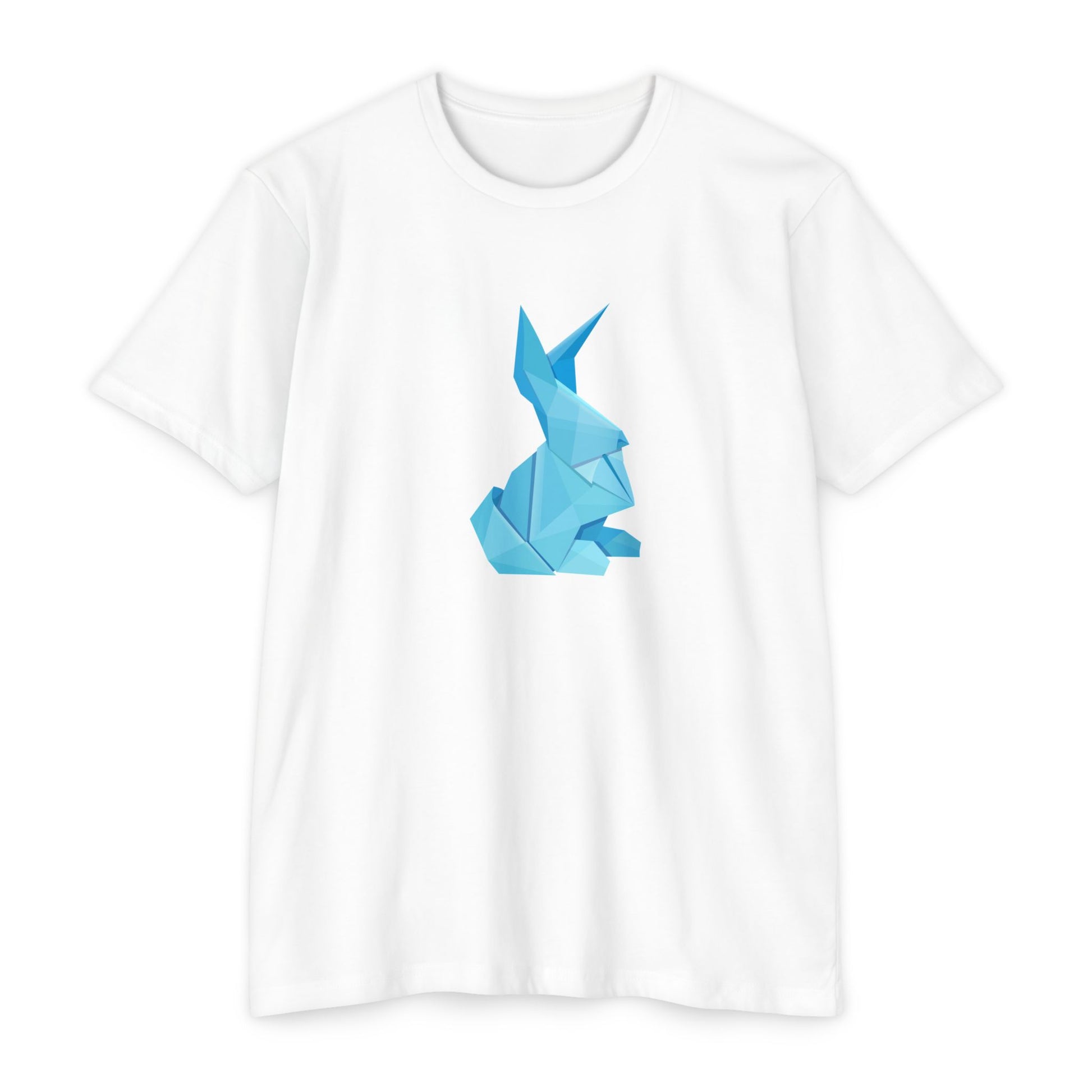 White Origami Bunny T-Shirt with blue origami bunny graphic displayed flat.