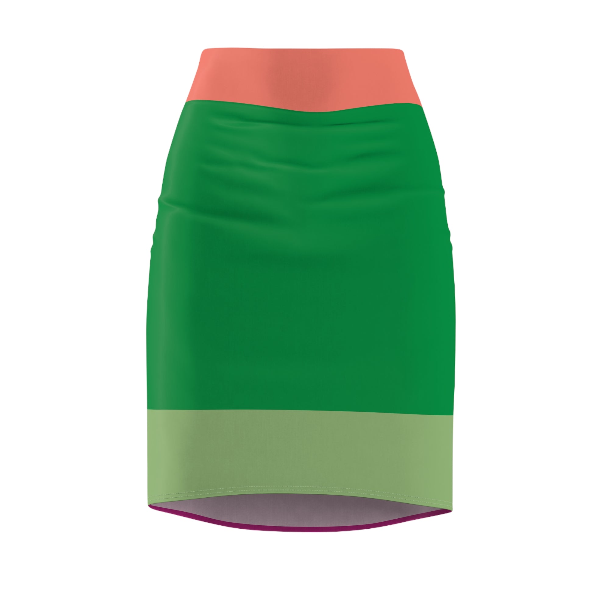 Front view of skirt with coral waistband, emerald green body, and olive green hem