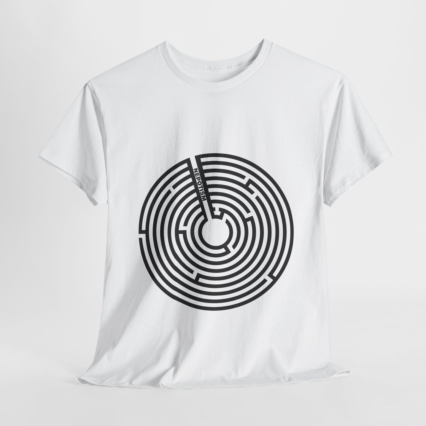White Nepo T-Shirt with circular maze design on flat lay