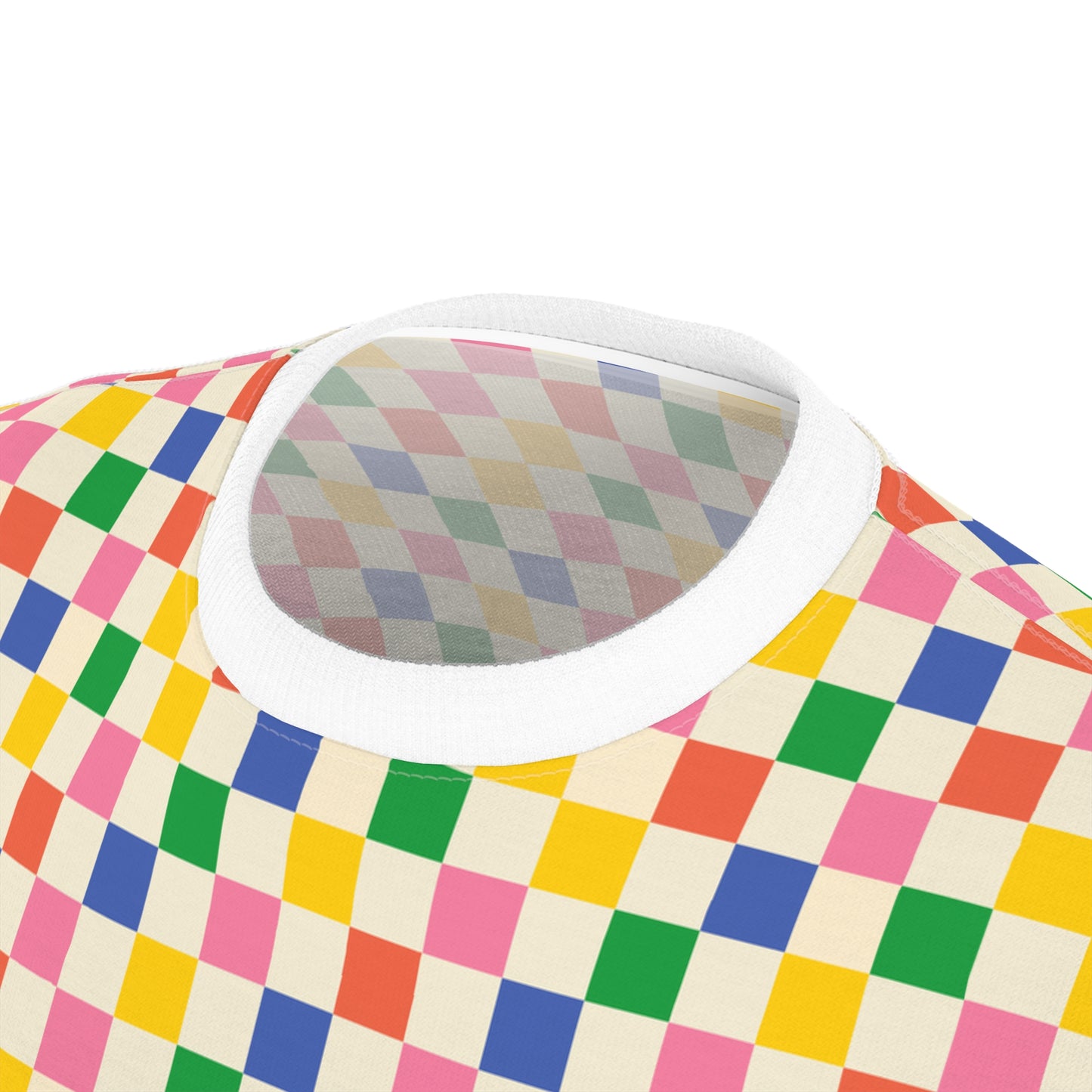 Close up view of colored squares T shirt collar and fabric pattern detail