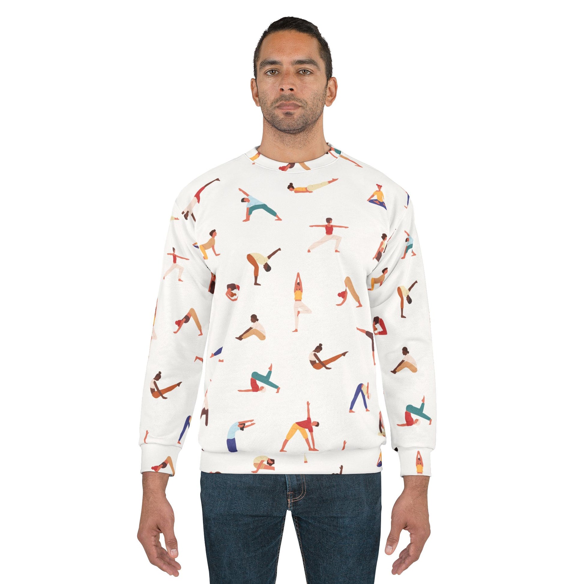 Male model wearing Yogini Sweatshirt with casual jeans
