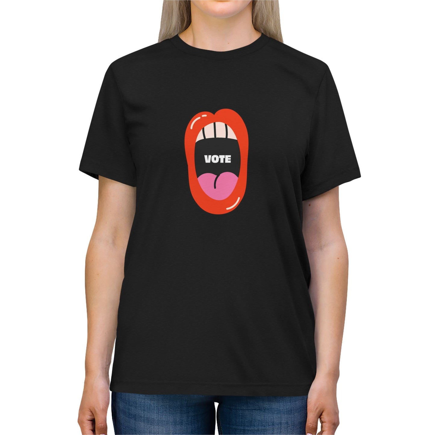 Woman wearing black Vote T-Shirt with Vote mouth graphic front view