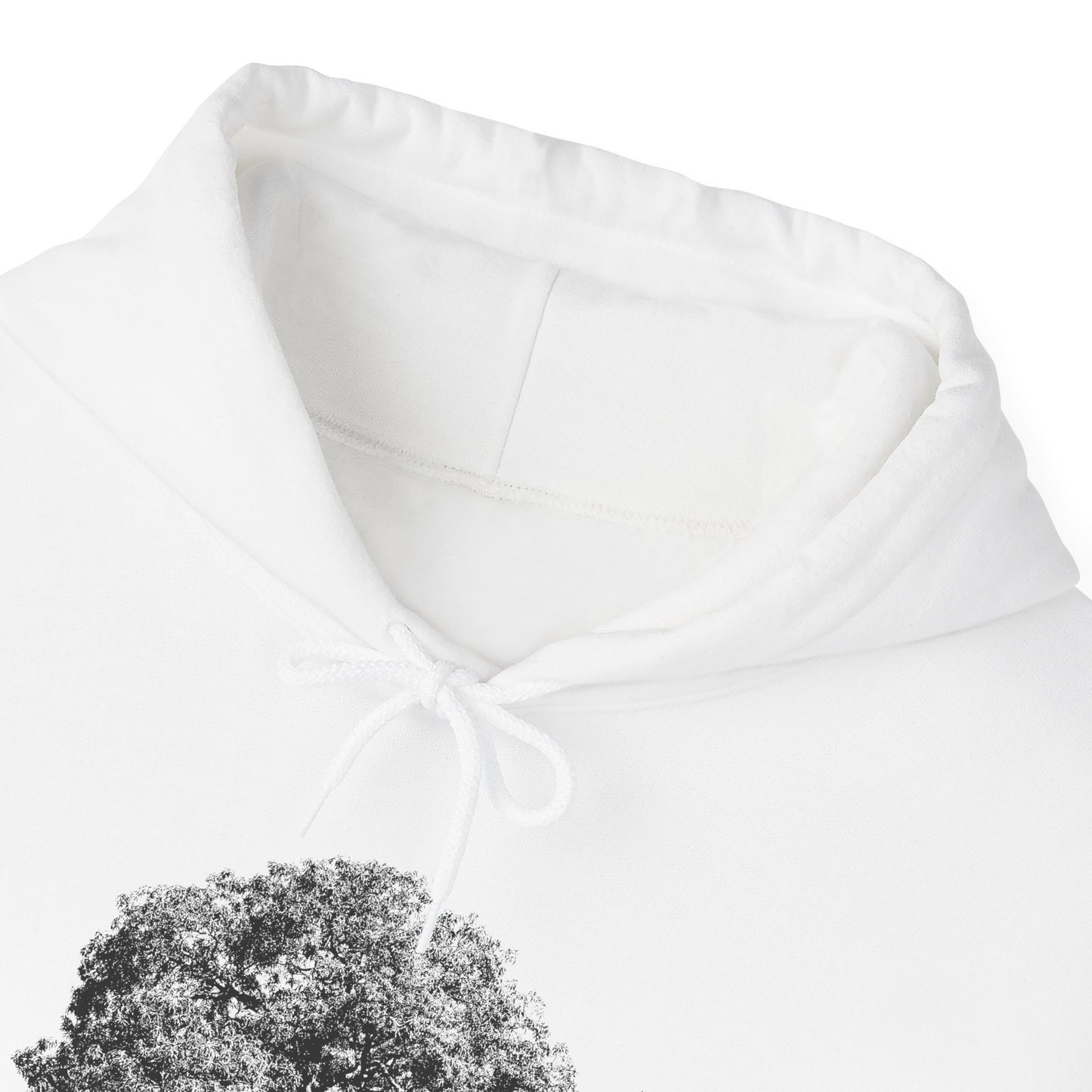 Close-up of hood detail on white Tree Hoodie