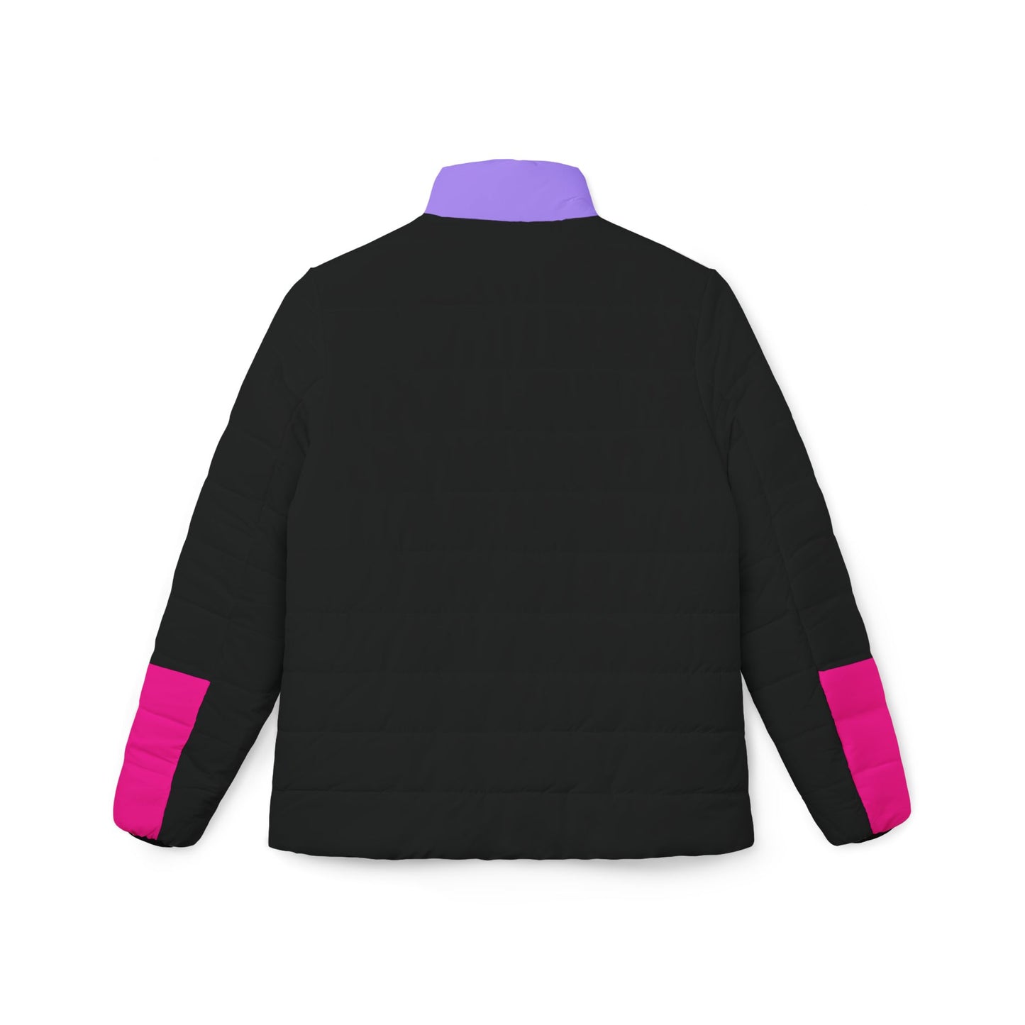 Back view of Pac-Man women’s black puffer jacket with purple collar and pink sleeves