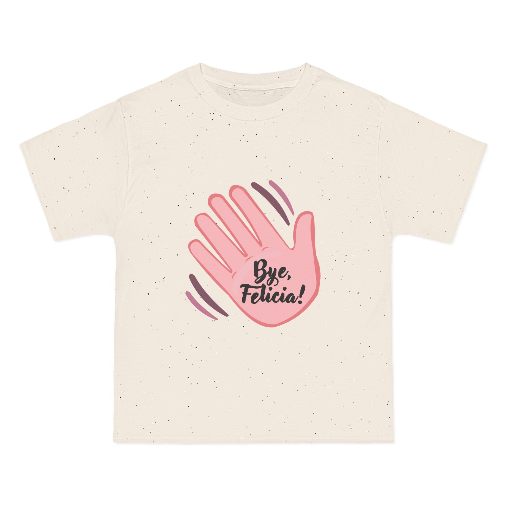 Flat lay beige Bye Felicia T-Shirt with pink hand graphic