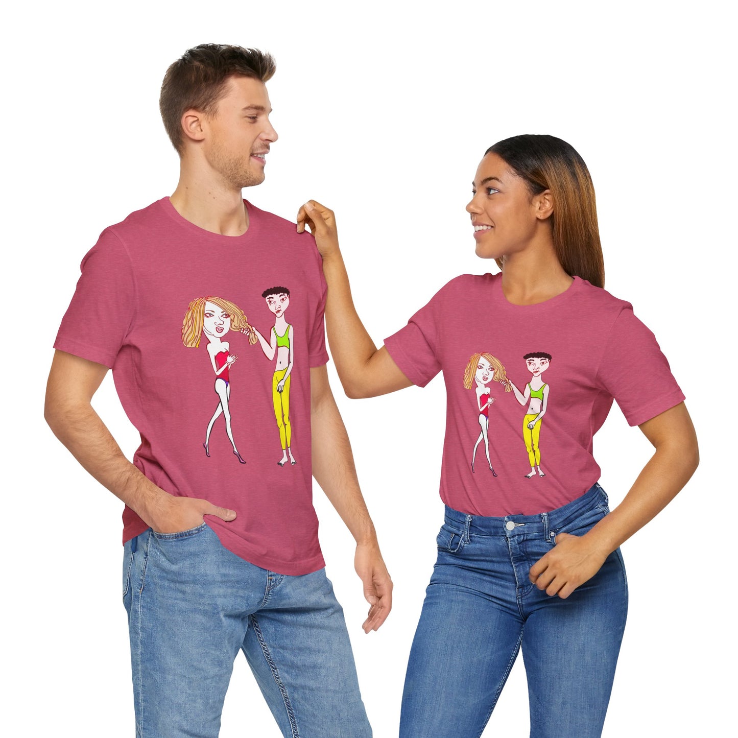Smiling couple wearing matching maroon Charlotte and Van hand-drawn couple tees, standing side by side and interacting playfully.