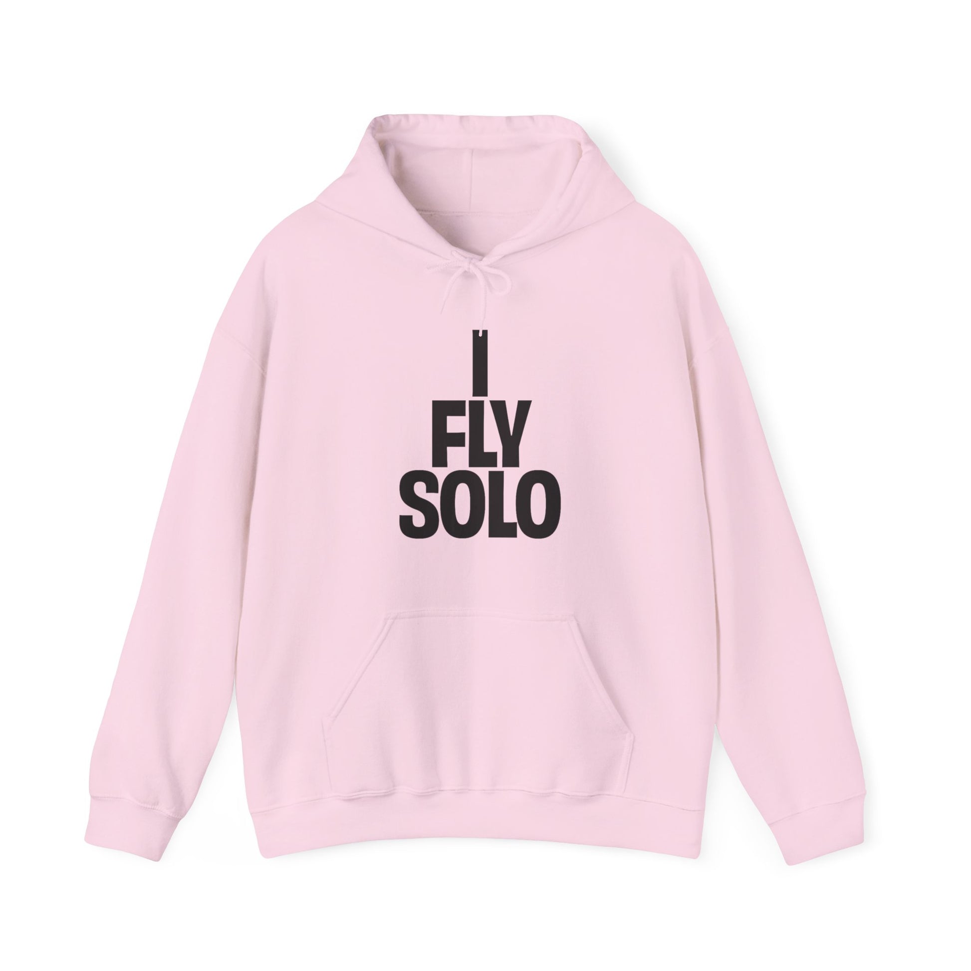 Pink hoodie with 'I Fly Solo' text on a white background