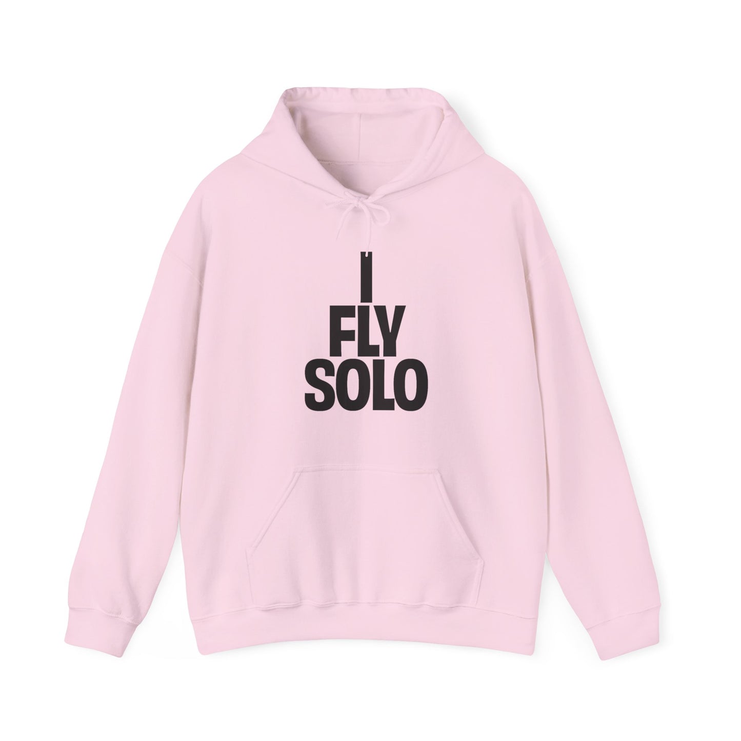 Pink hoodie with 'I Fly Solo' text on a white background
