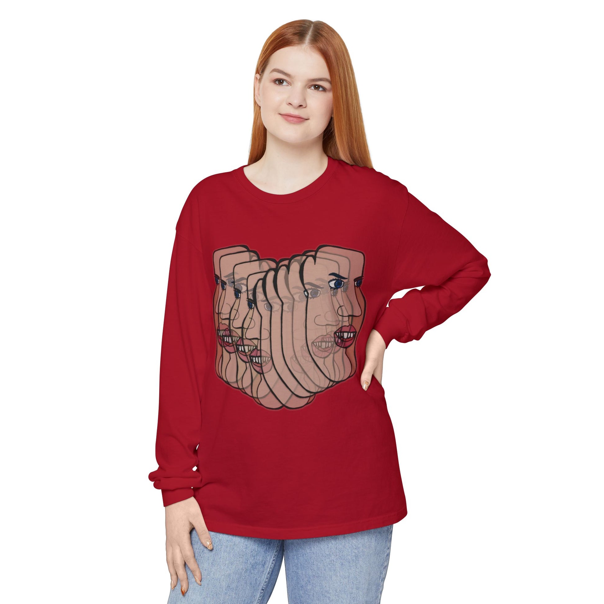 Female model wearing Charlie Long Sleeve T-Shirt in red
